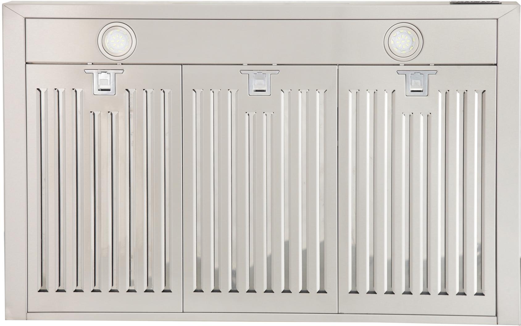 Stainless steel wall range hood with vented grille and dual round lights