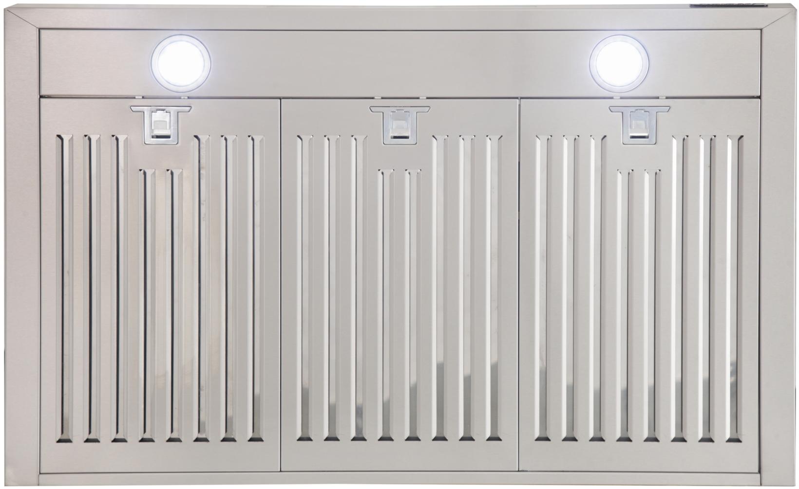 Stainless steel wall range hood front with three grille sections and two control lights