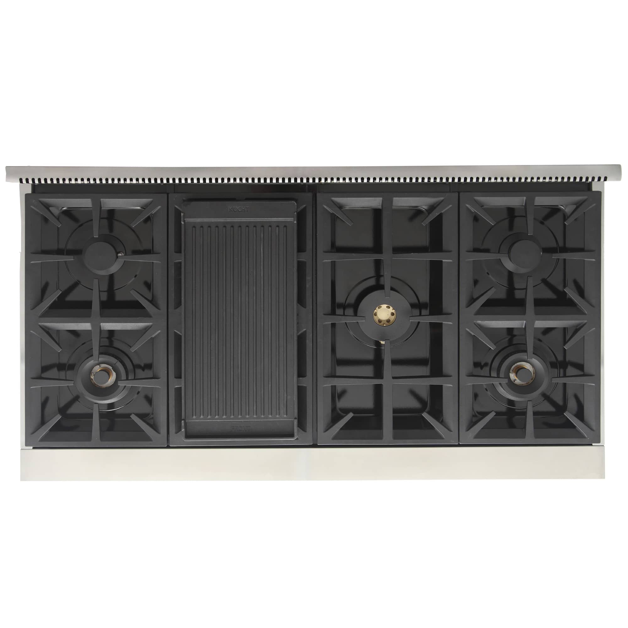 Gas range burner layout with cast grates, griddle section, and four burner bases