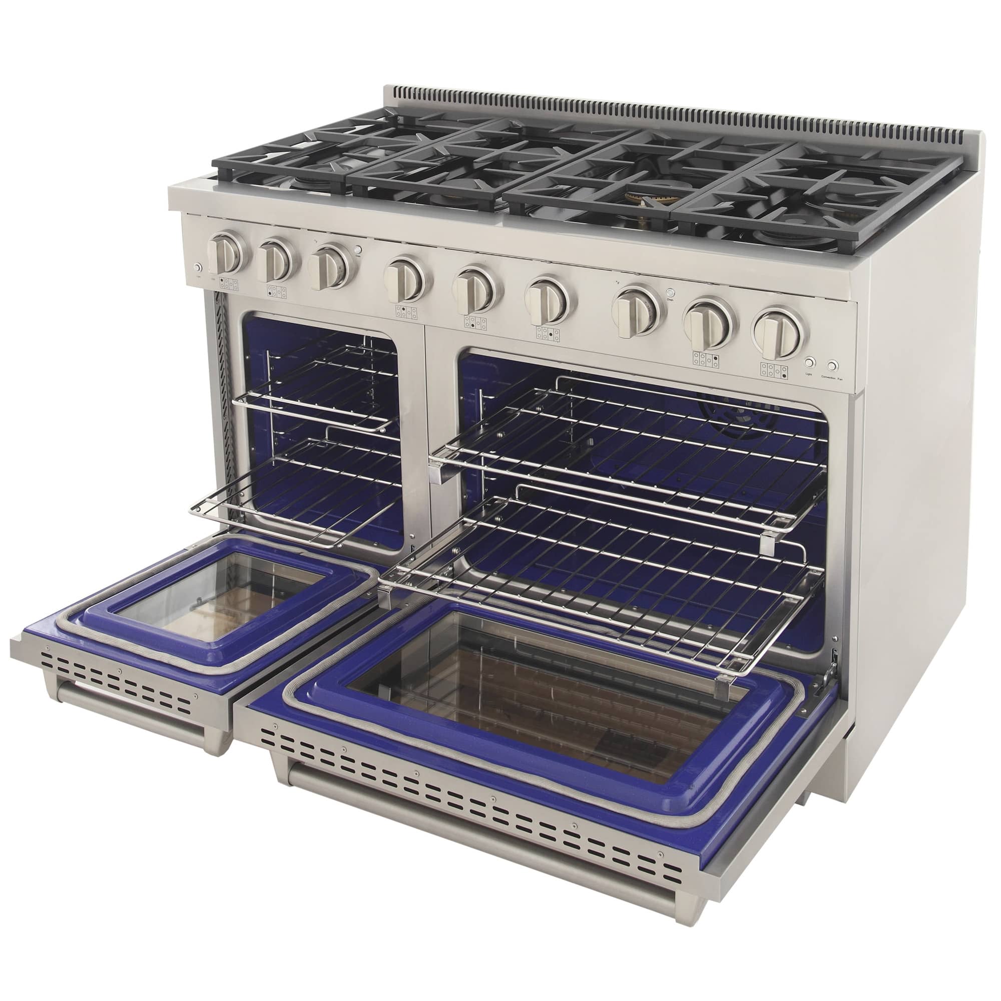 White gas range with dual ovens open, blue interior panels, and black grates on top