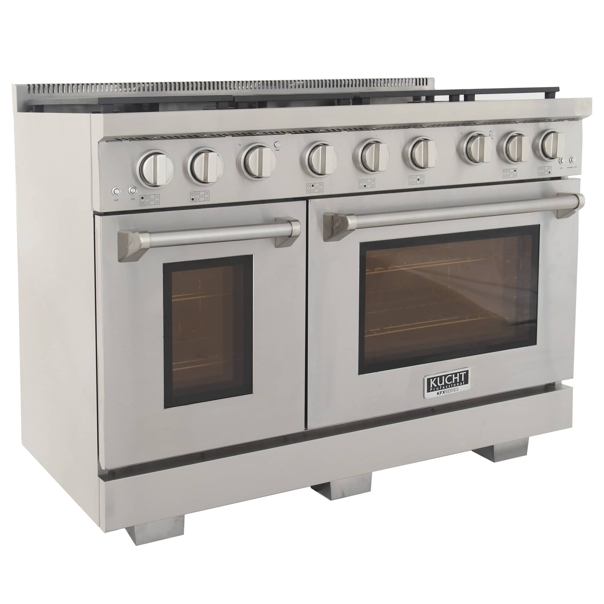 Stainless gas range side view with two oven doors, long control handles, and six top knobs