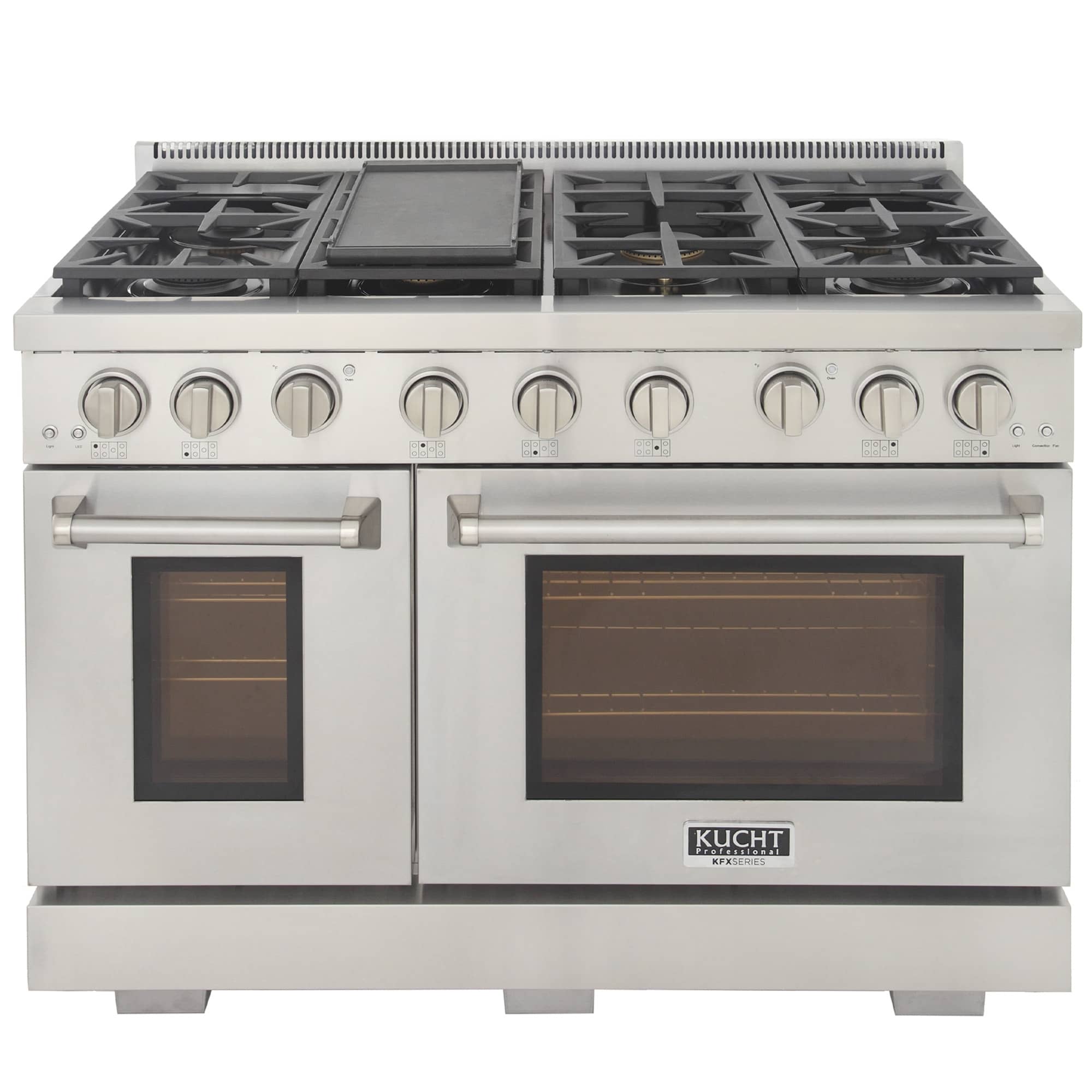 Stainless gas range with six round knobs, black glass oven doors, and four burners on top