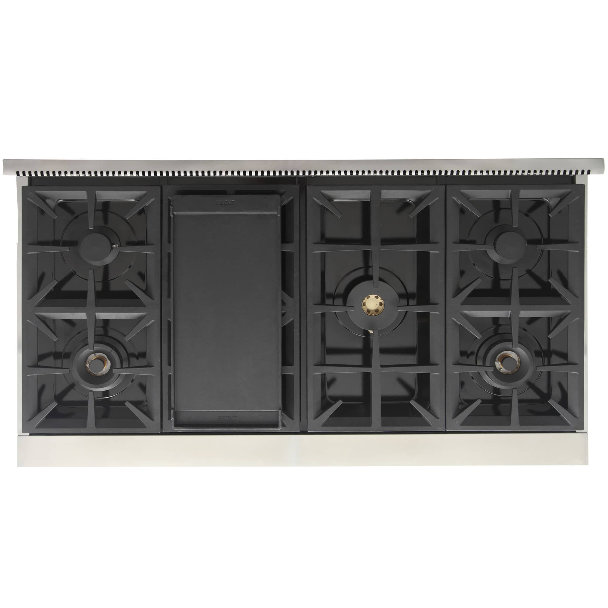 Gas range cooktop with four black cast grates and sealed burner rings