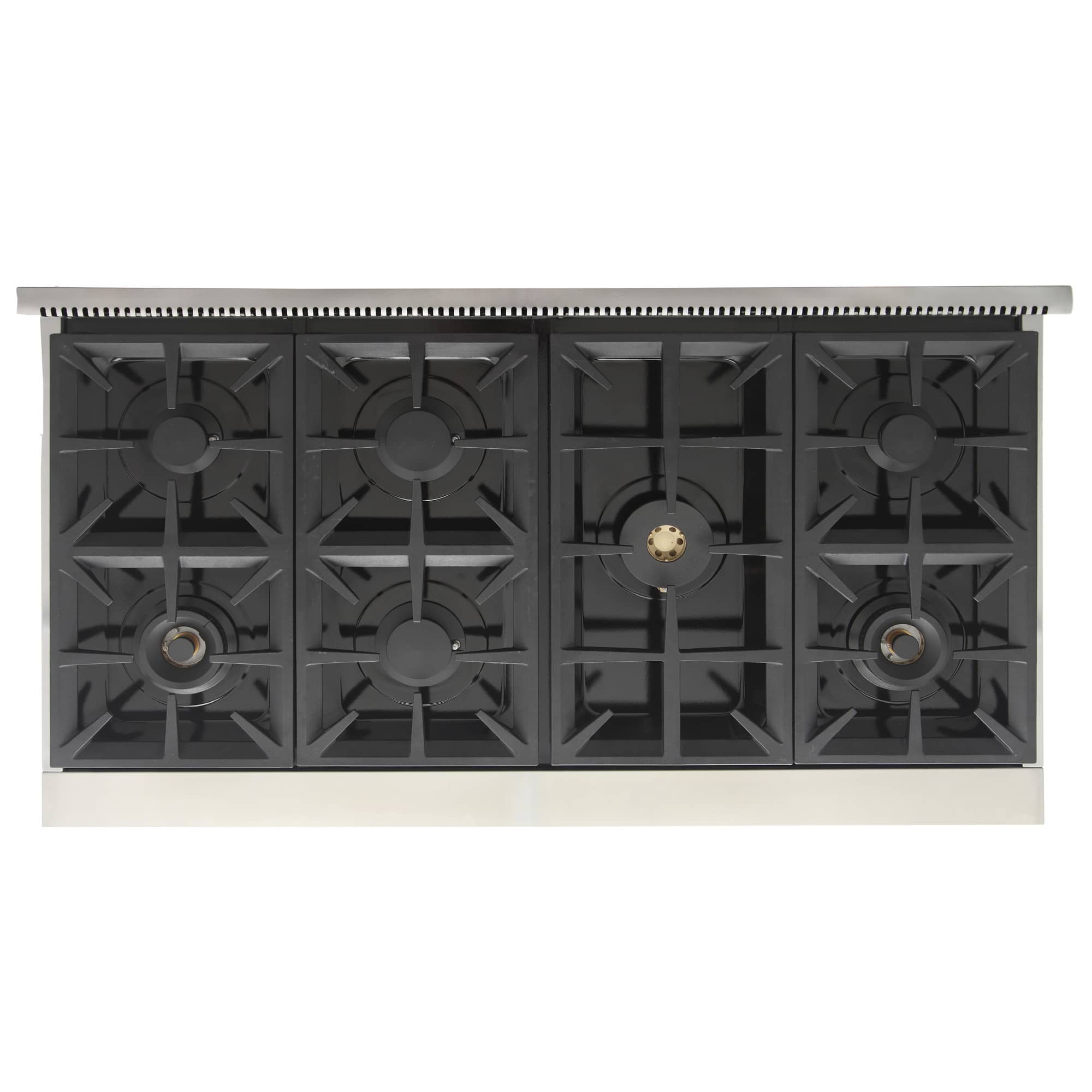 Black cooktop burner grates layout with four burners and center control access