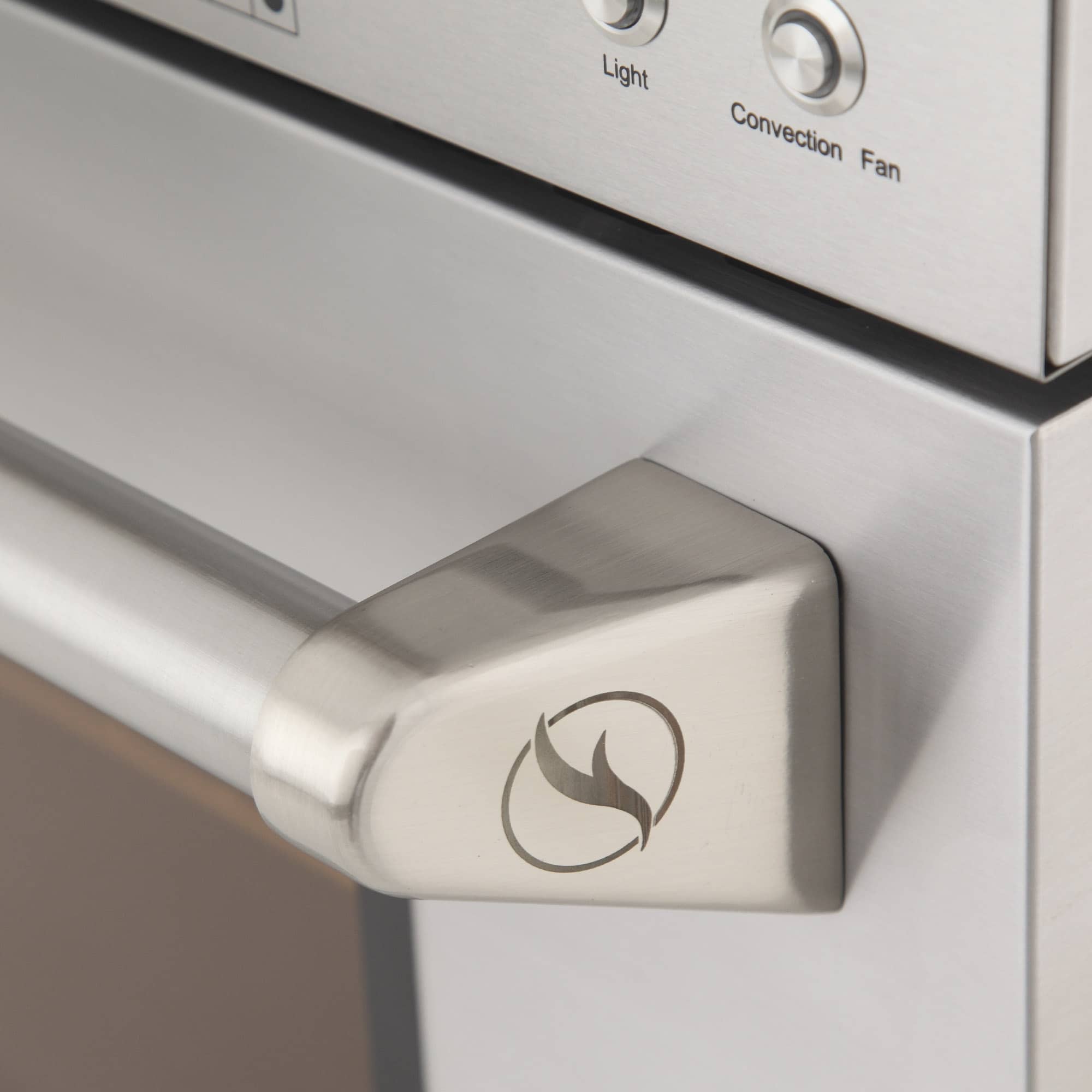Stainless gas range control knob with flame icon and brushed metal handle