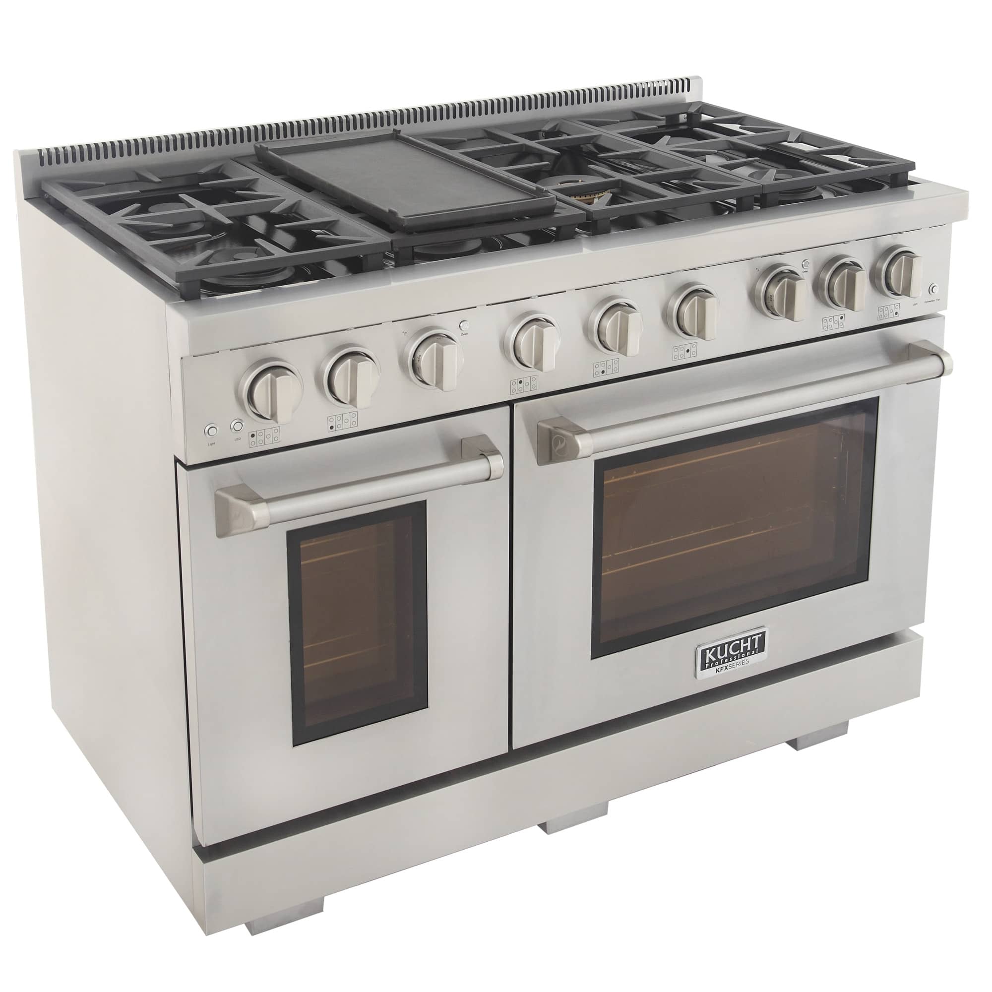Stainless gas range with four burners, griddle, and two glass oven doors