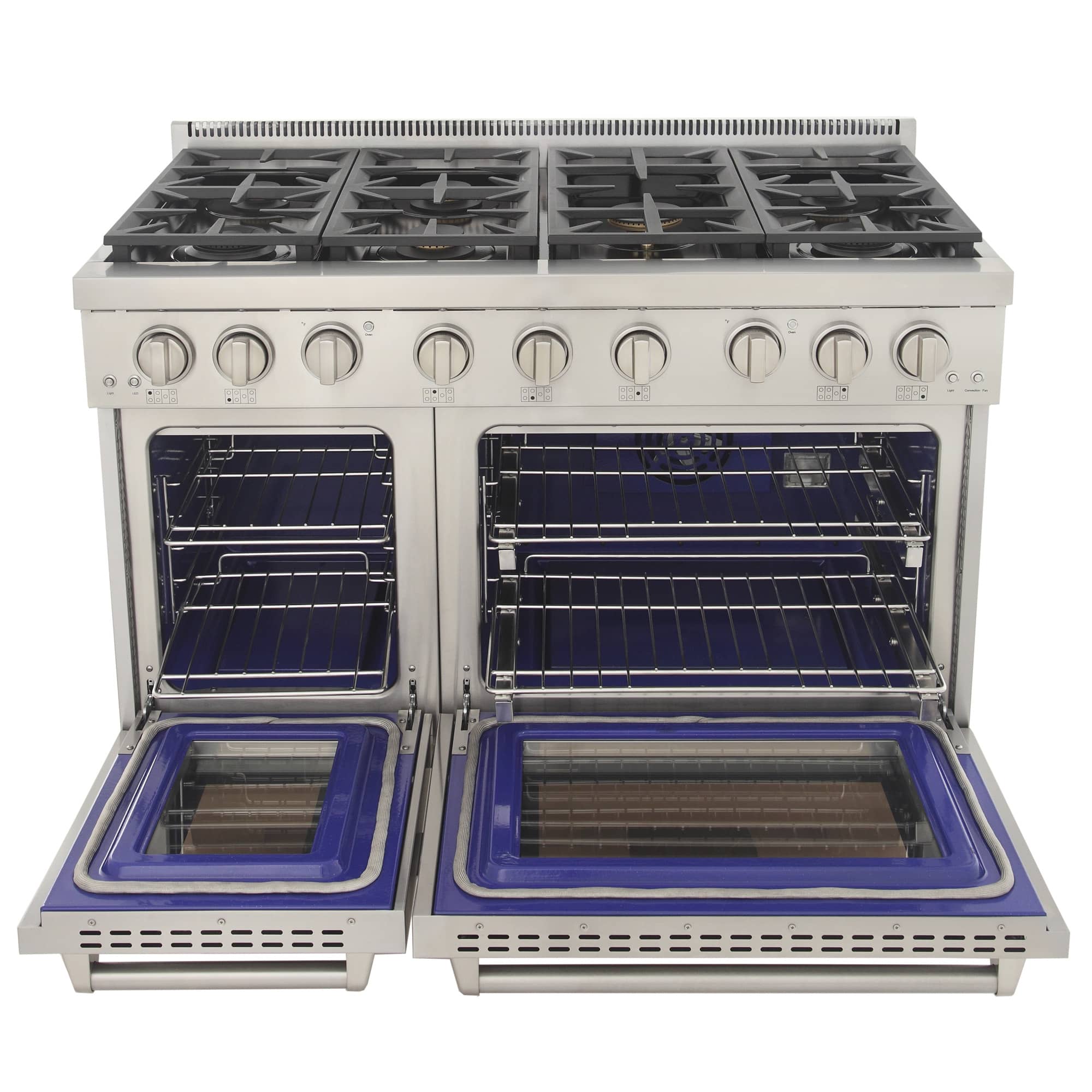 Stainless gas range with four burners and both ovens open, showing blue-lined racks