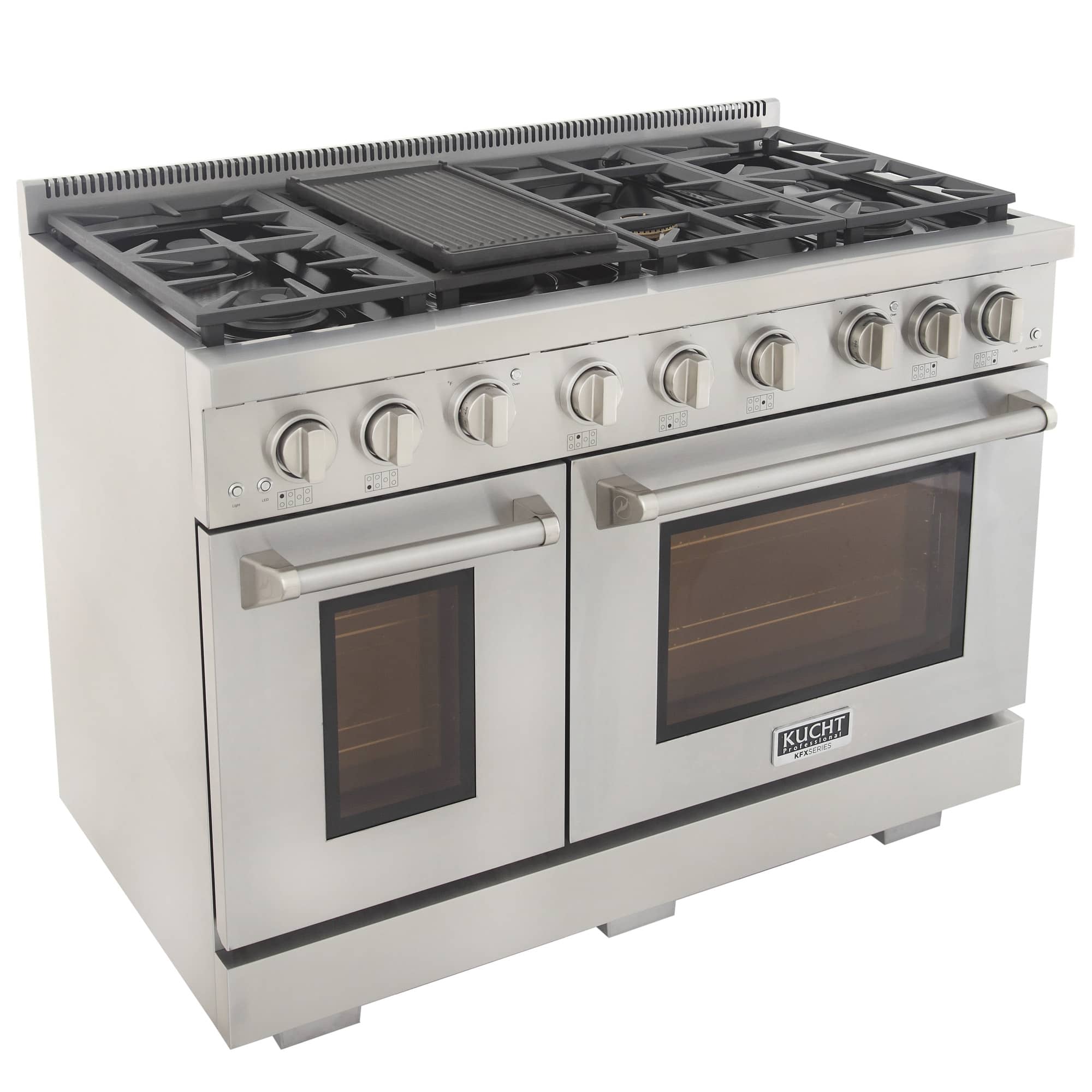 Stainless gas range with four burners, griddle, and two glass oven doors