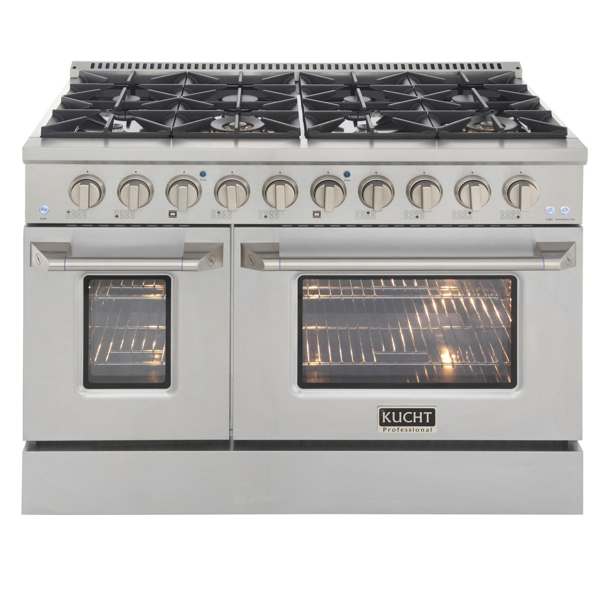 Stainless steel gas range with six burners, grill/griddle, and two oven doors front view