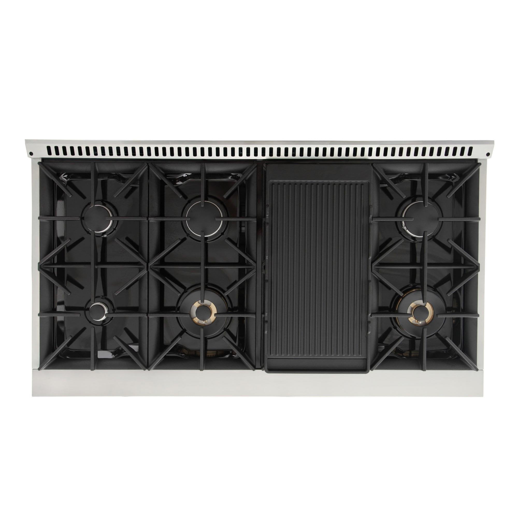 Gas cooktop with black grates and central grill/griddle insert between burners