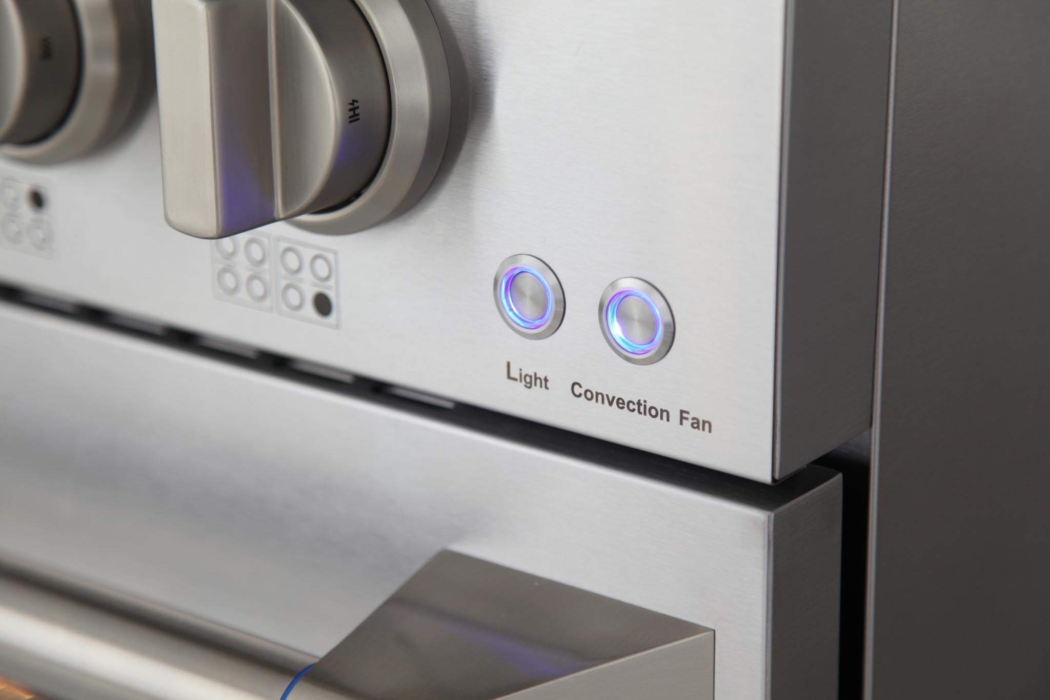 Stainless steel gas range control panel with Light and Convection Fan blue buttons