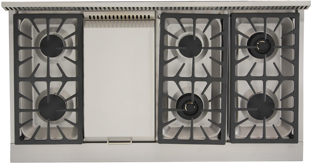 Stainless steel cooktop with four sealed burners and a flat griddle surface