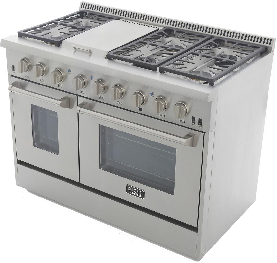 Stainless steel range oven with griddle and sealed burners, shown from a front angle