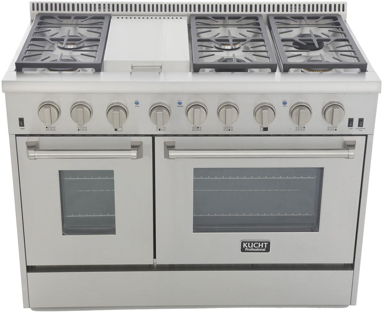 Stainless steel range oven with griddle, sealed burners, and two oven doors