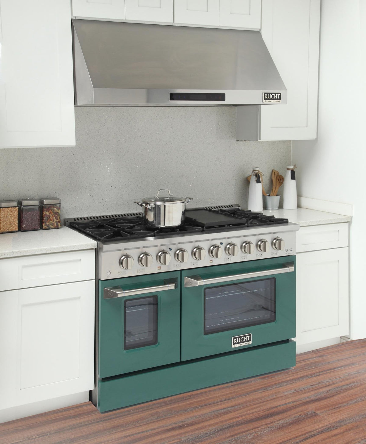 Green Kucht gas range in kitchen setting, grill and griddle feature with oven doors