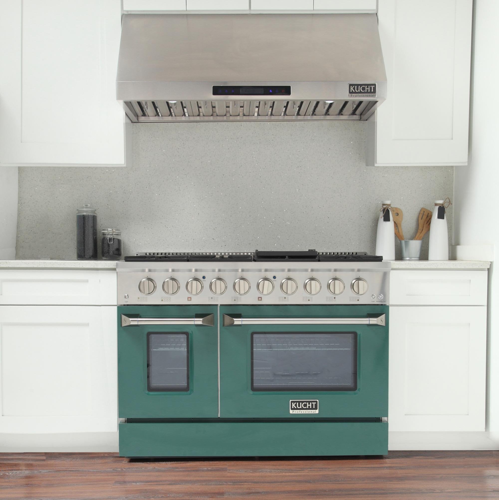 Kucht 48-inch green gas range with grill and griddle, oven doors and control knobs