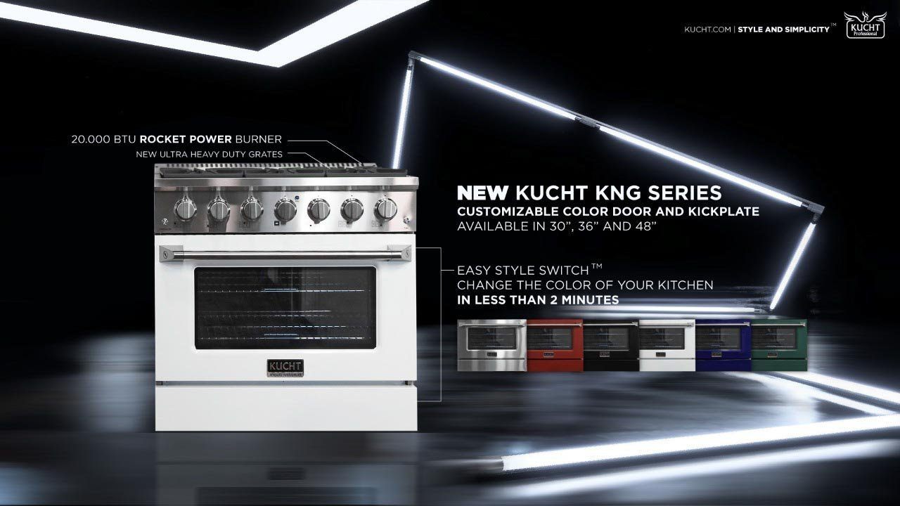 White Kucht gas range with control knobs and two ovens, shown on promo graphic