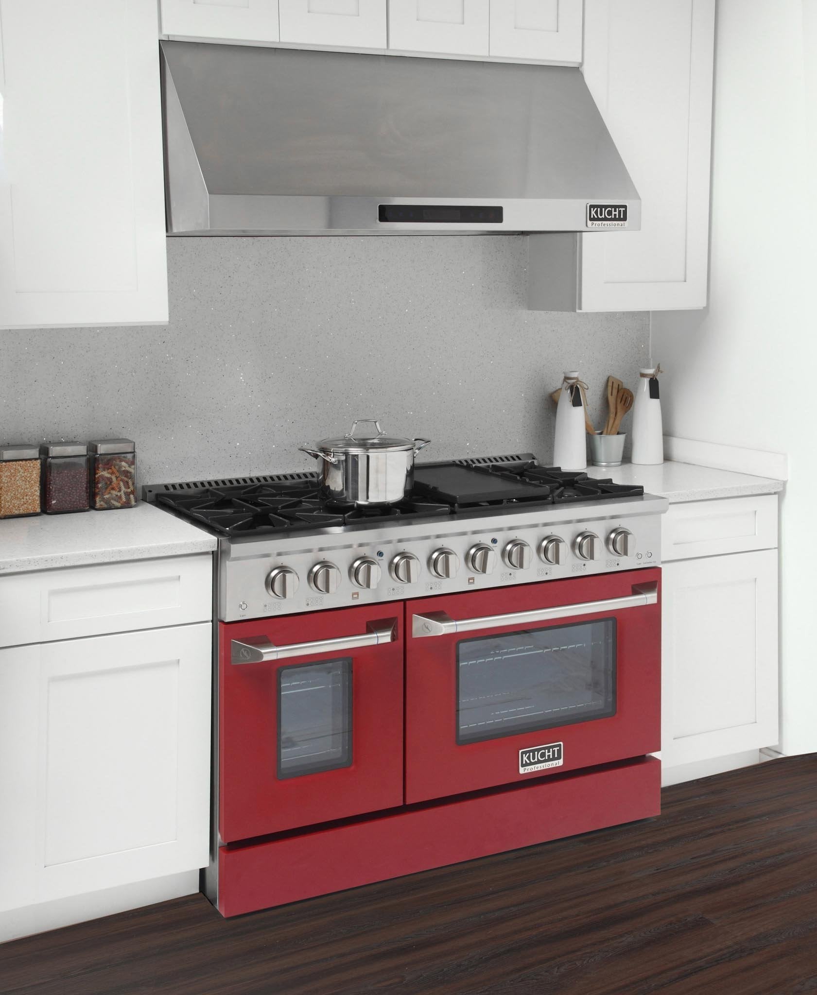 Red gas range with 6 burners and oven doors, built-in grill/griddle