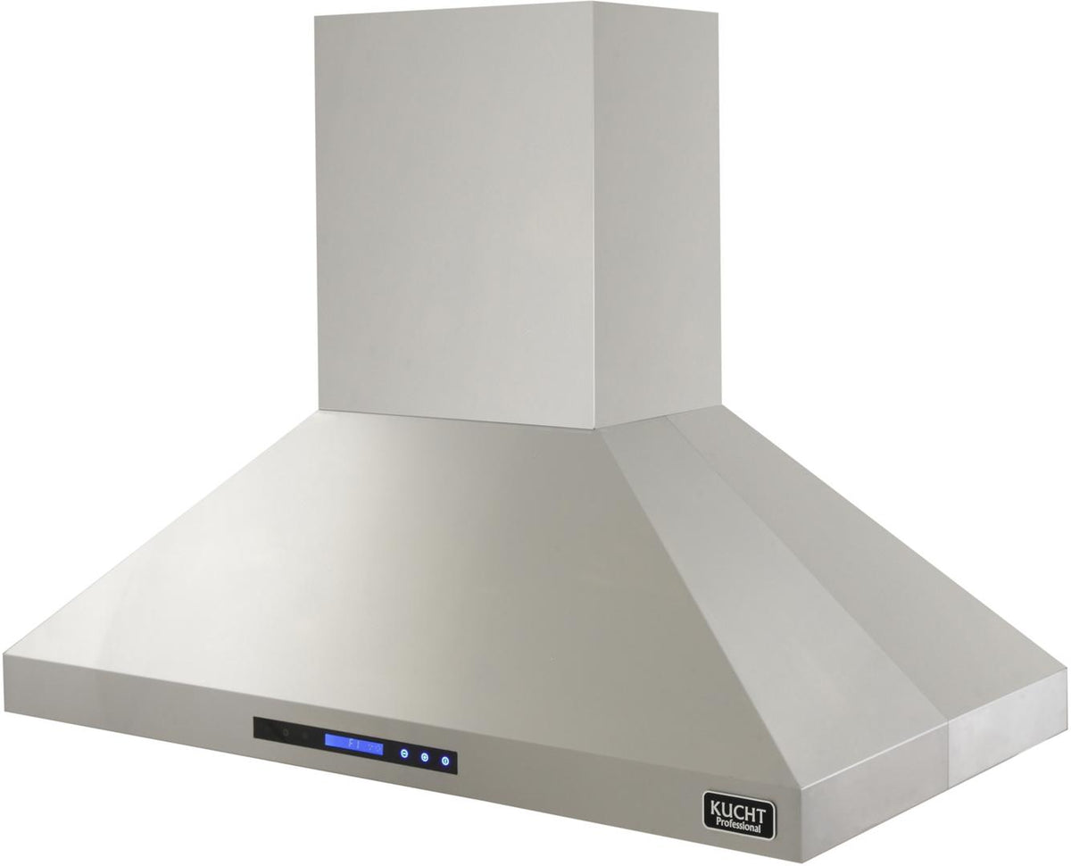 Stainless steel island range hood with chimney and front blue LED light strip