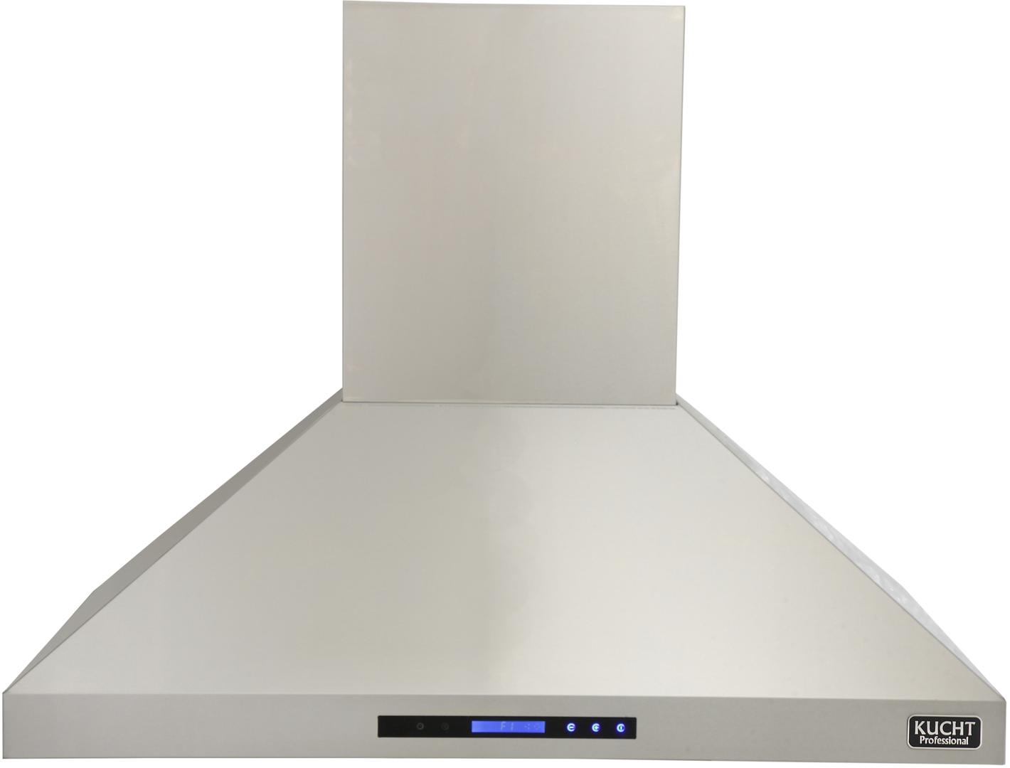 Stainless steel island range hood with tall chimney and blue LED control strip