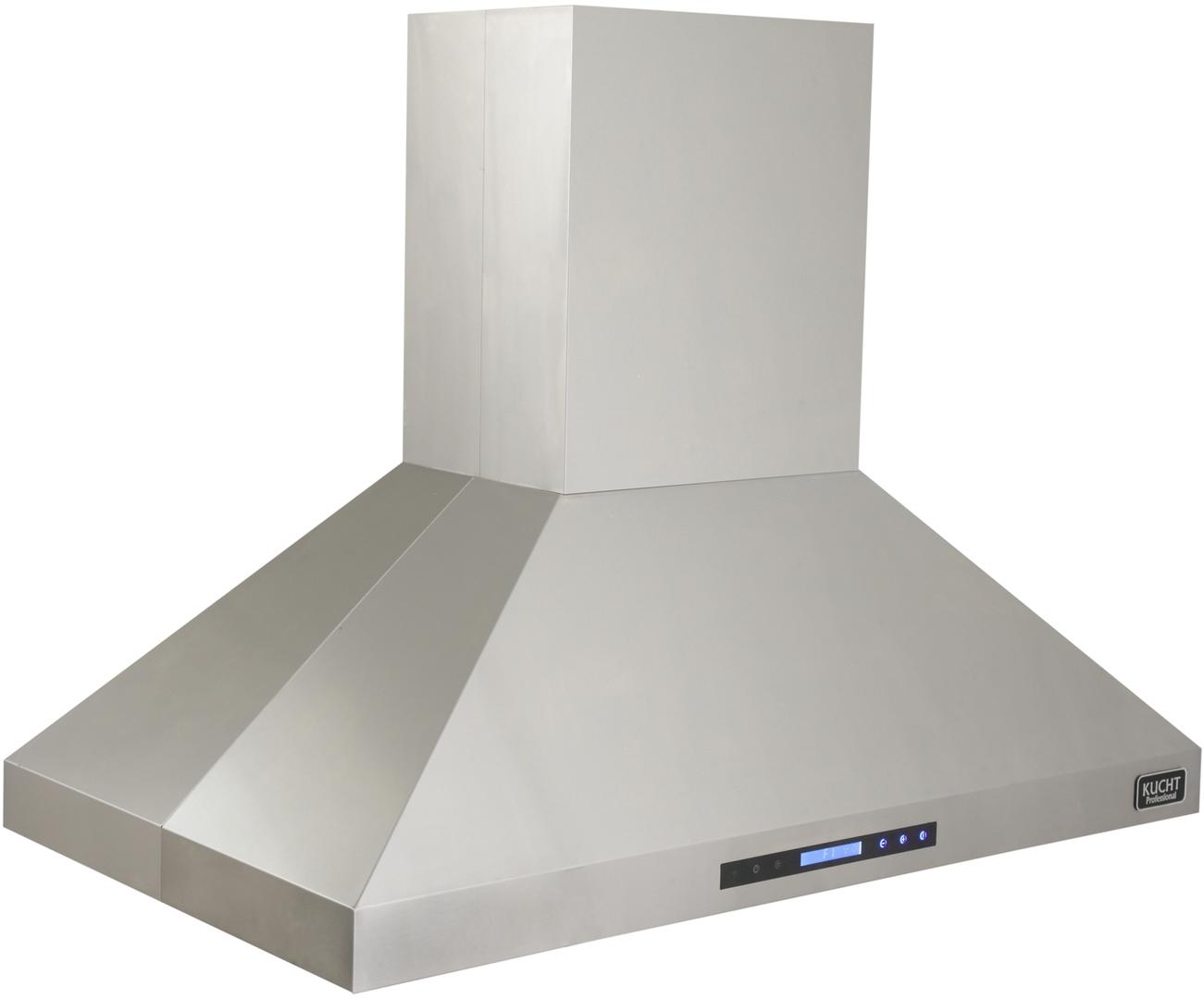 Stainless steel island range hood with chimney and blue LED control panel