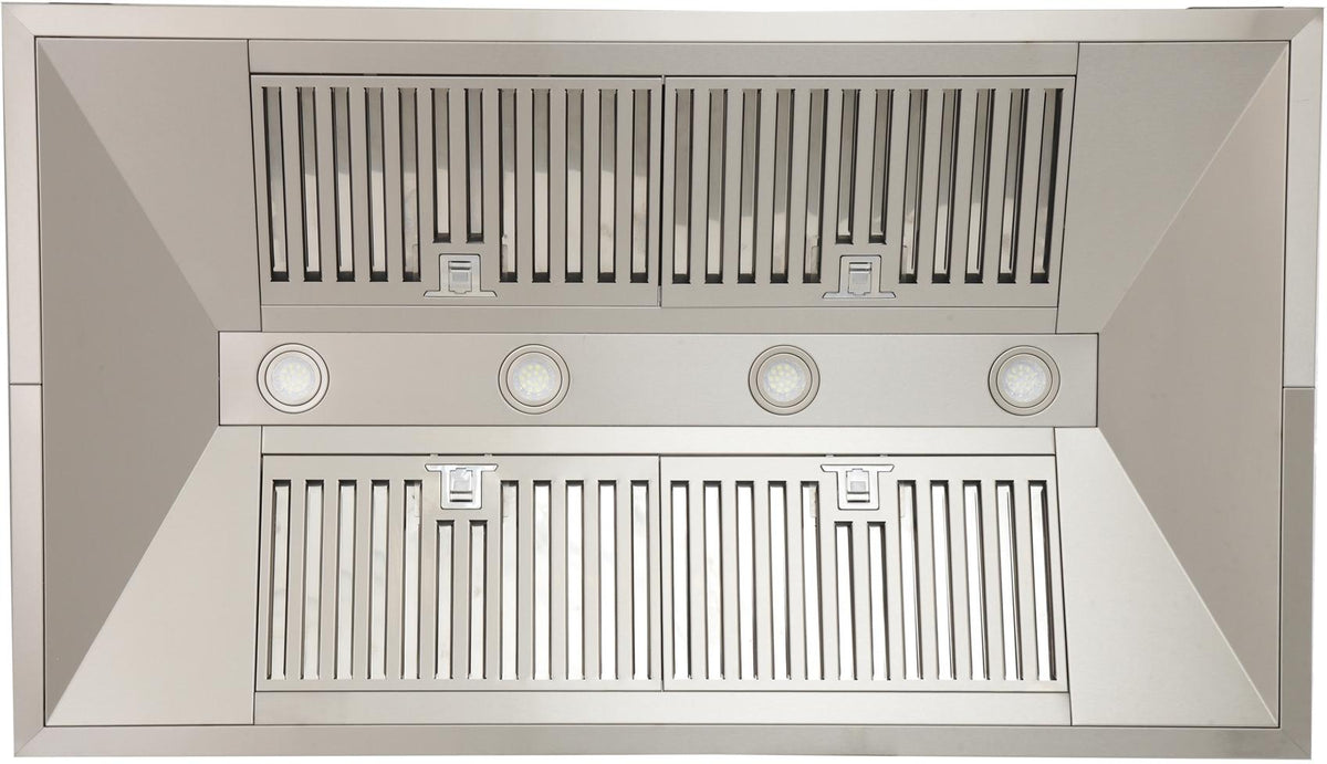 Kucht stainless steel range hood underside with baffle filters and circular fan vents
