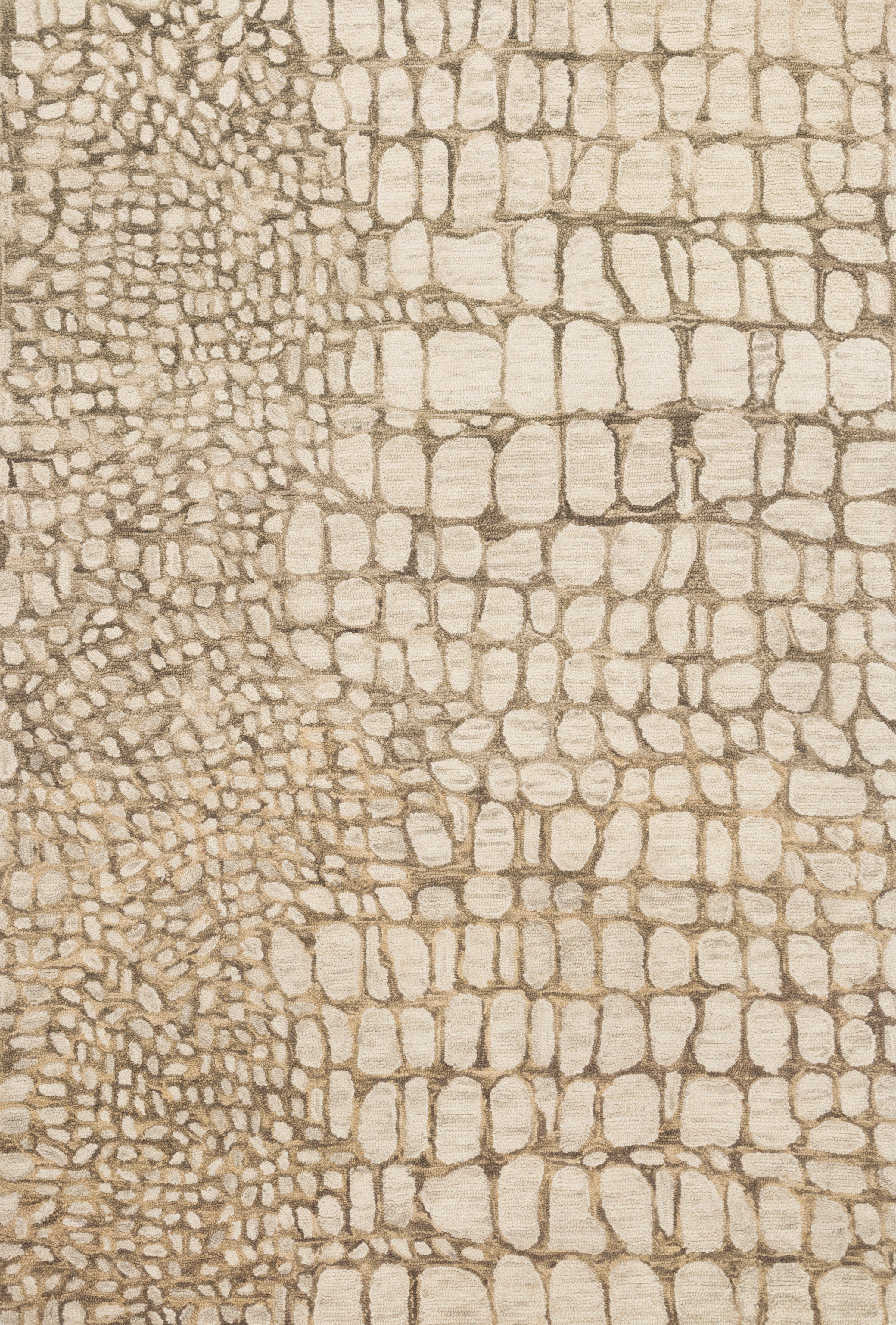 Neutral hooked rug with stone-like grid pattern and textured loop surface