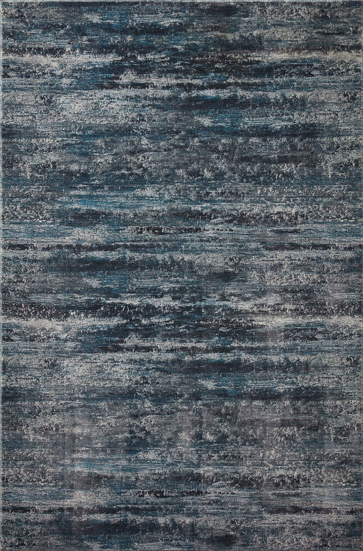 Blue-gray hand-tufted area rug with layered distressed horizontal lines