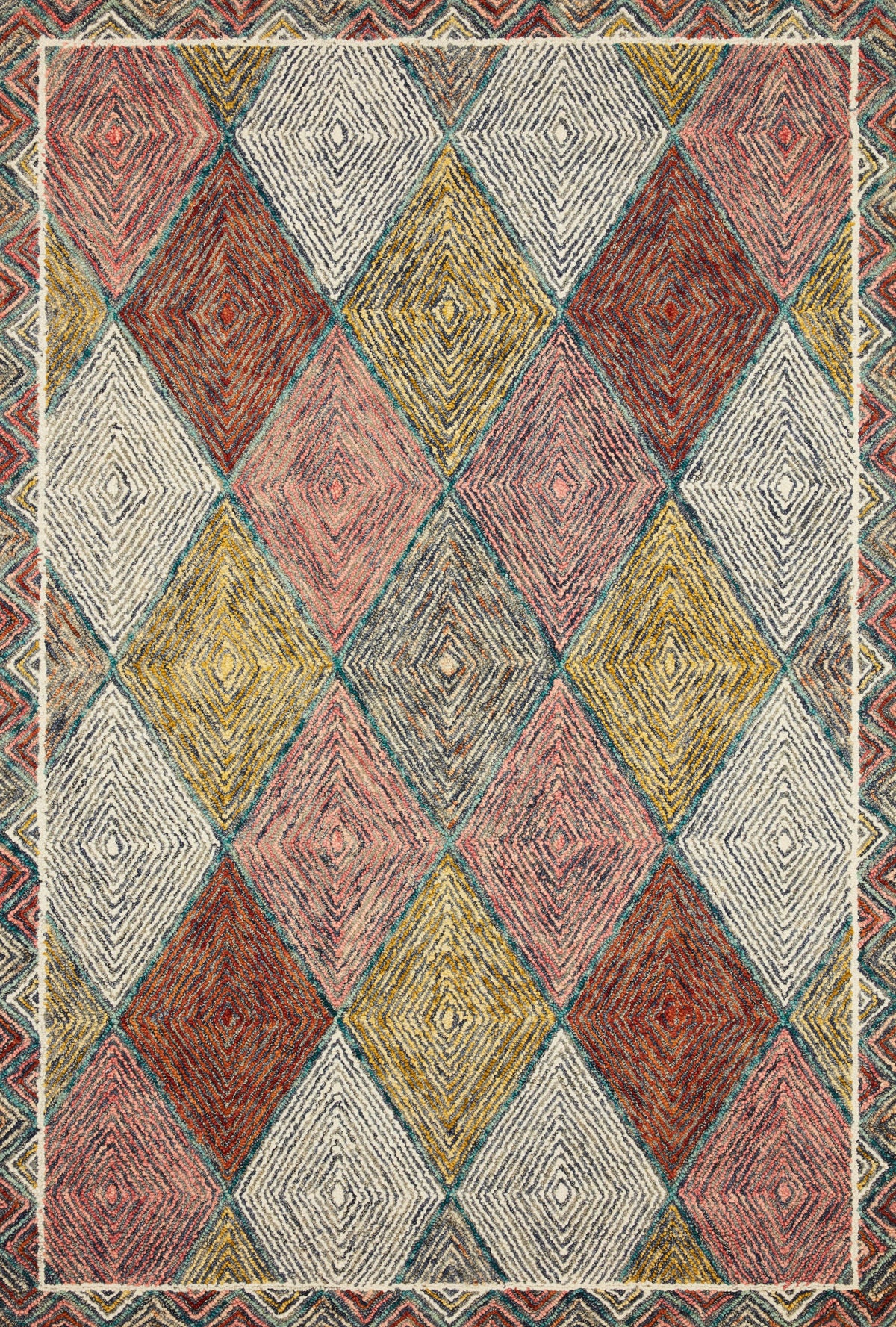 Multicolor hooked rug with repeating diamond pattern in cream, teal, coral, orange, and gray