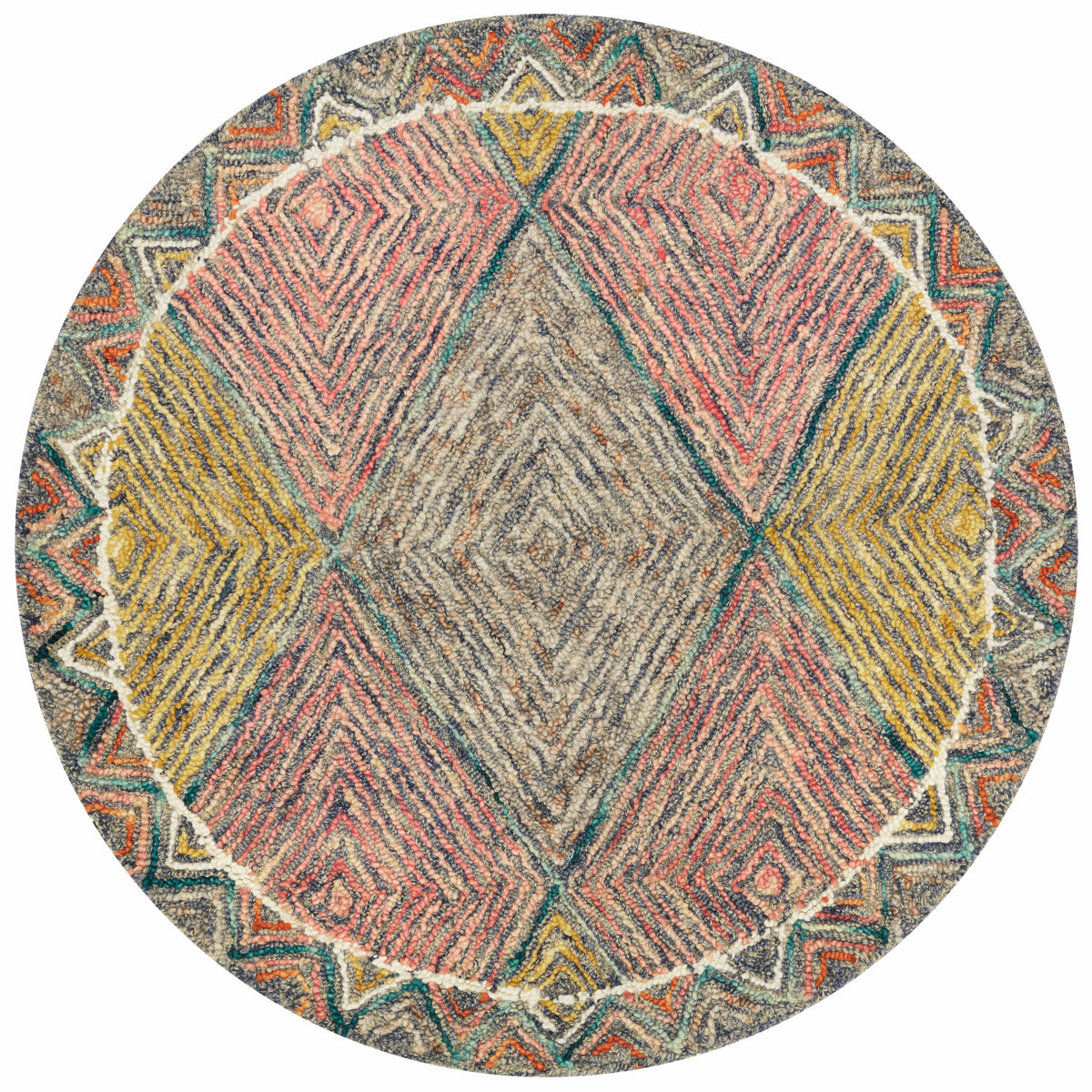 Round multicolor hooked rug with central diamond motif and zigzag border