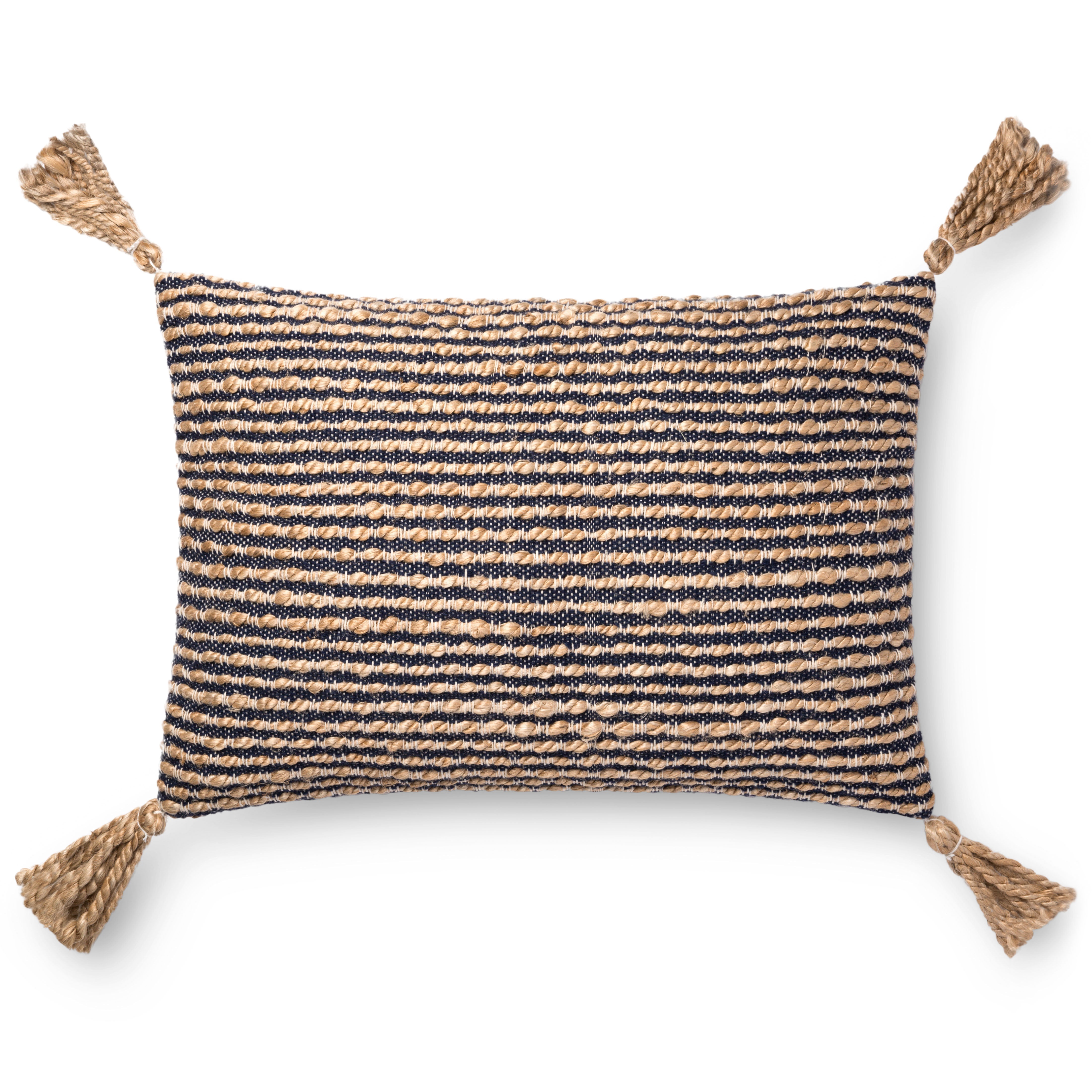 Navy-and-natural striped lumbar pillow with corner tassels
