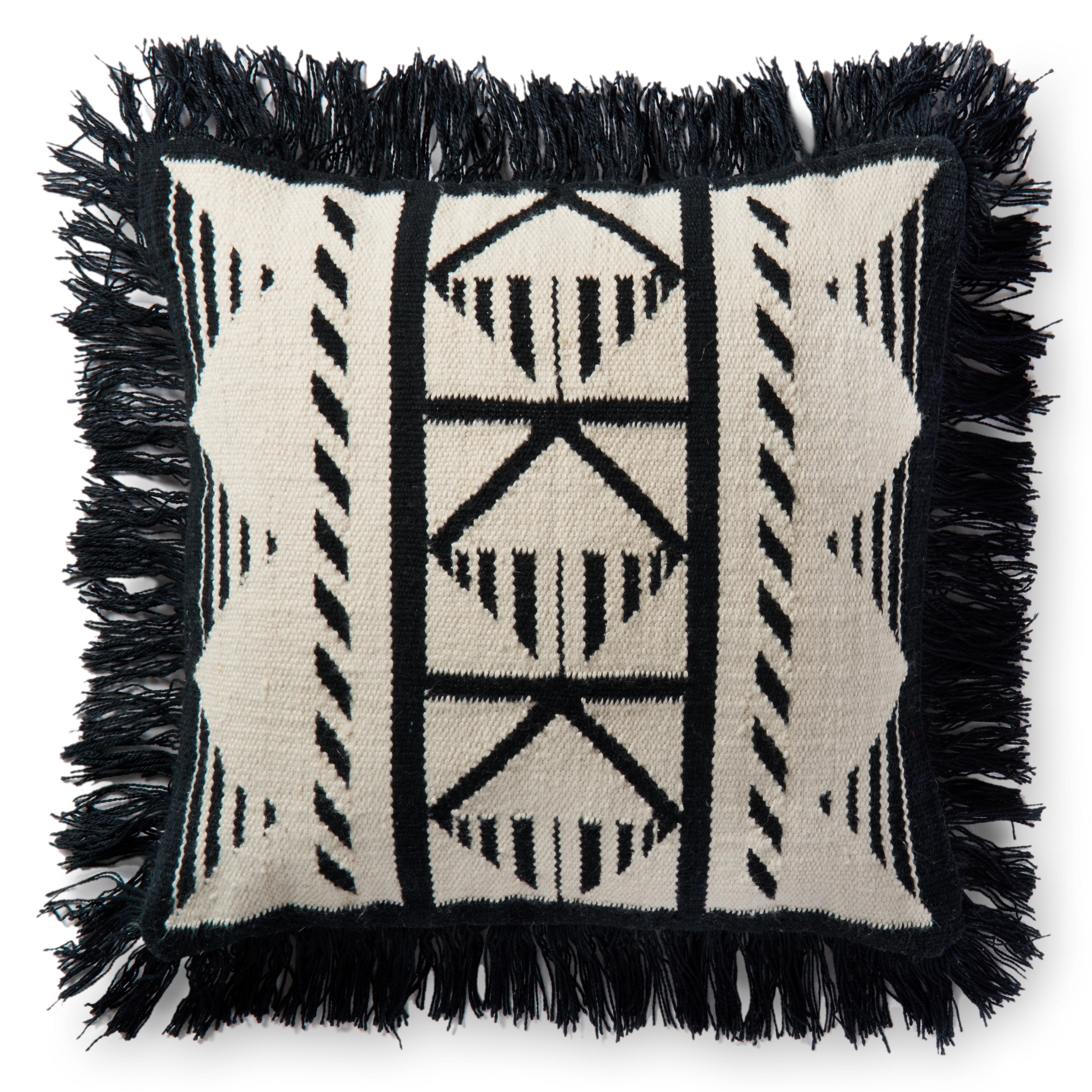 Down-filled throw pillow with black fringe and ivory front panel with geometric pattern
