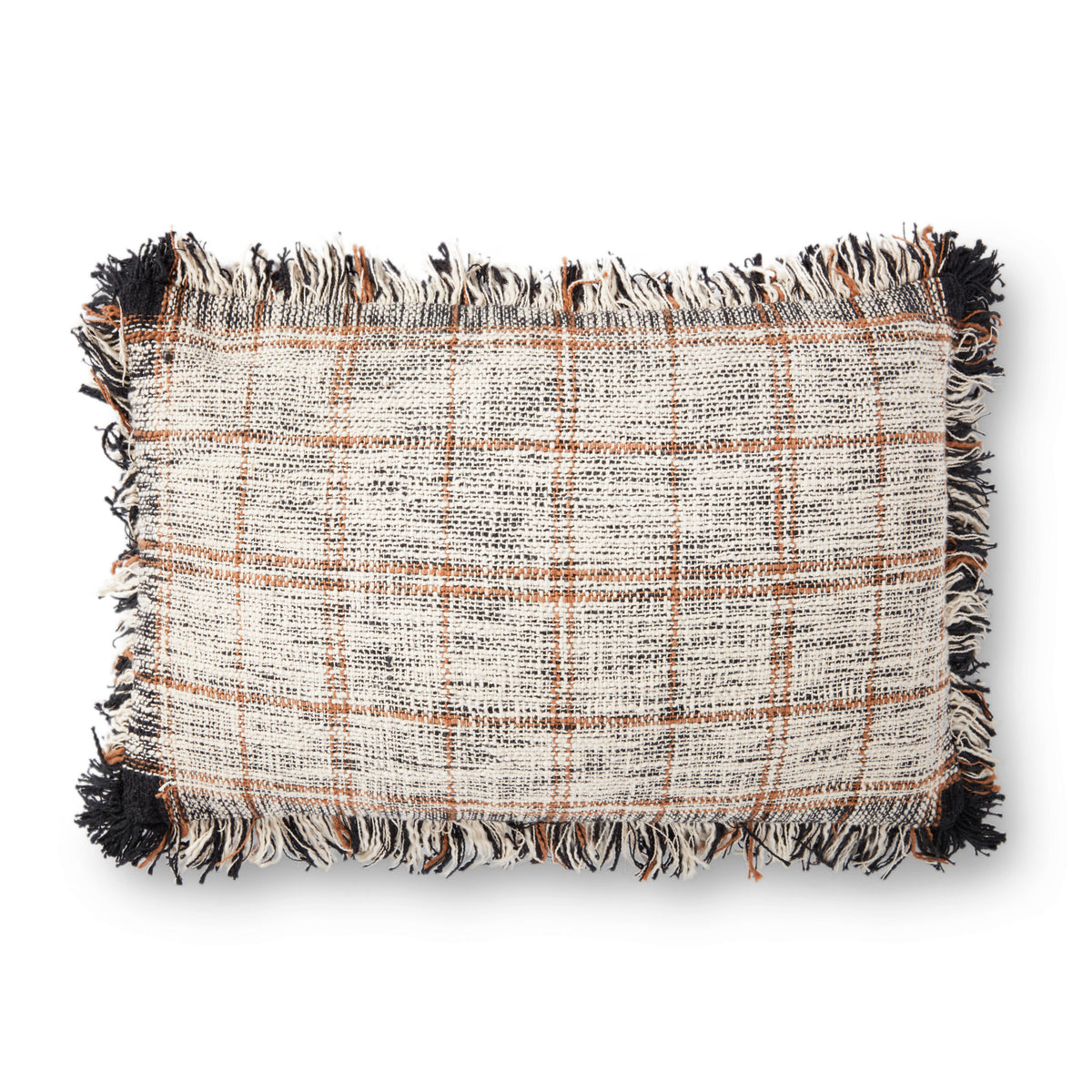 Down pillow with natural woven plaid fabric and black fringe trim