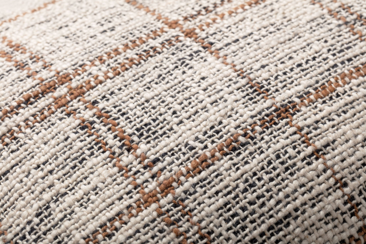 Woven down pillow cover with natural fabric and black/brown stripe texture close-up
