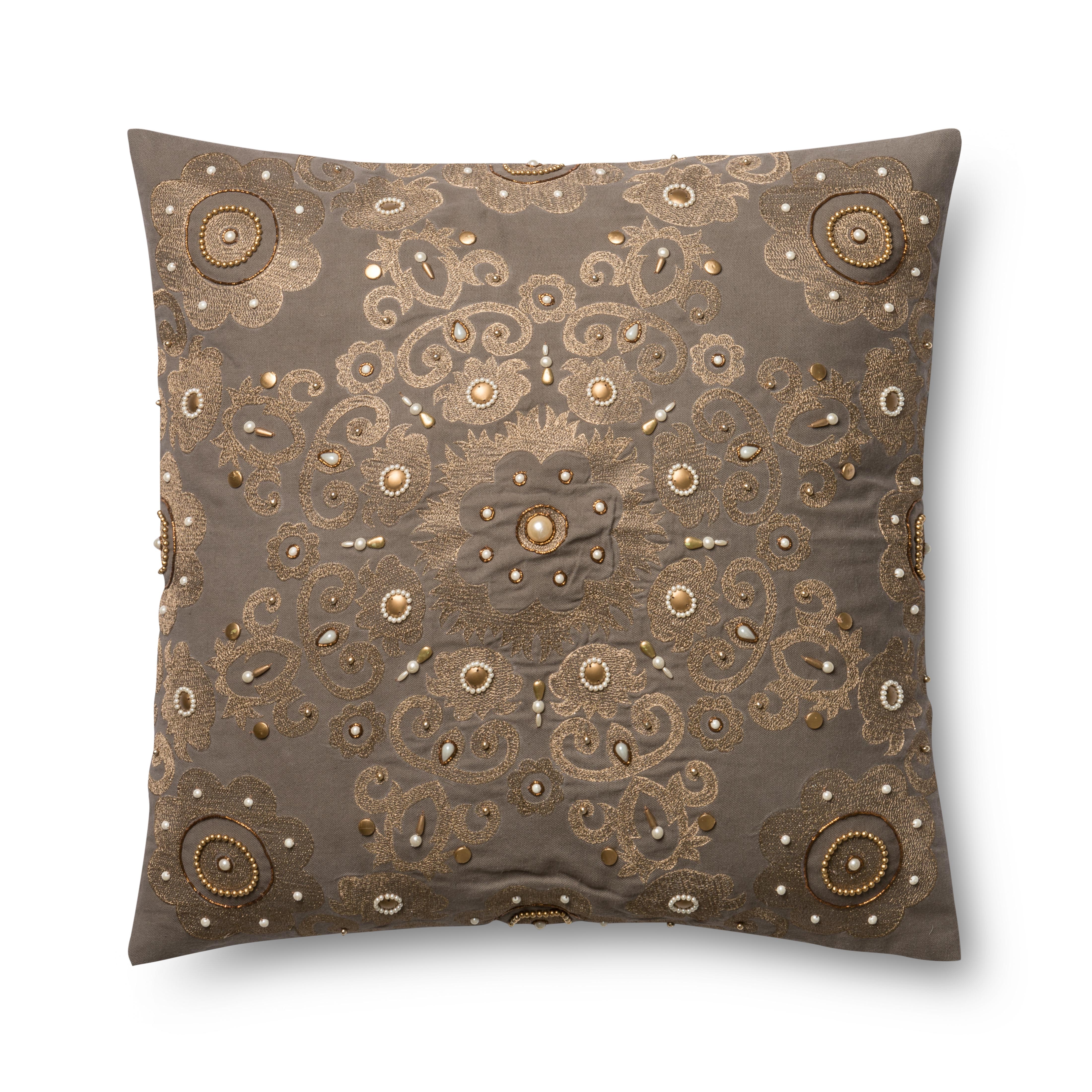 Decorative down-filled pillow cover in dark grey with gold ornamental swirl embroidery