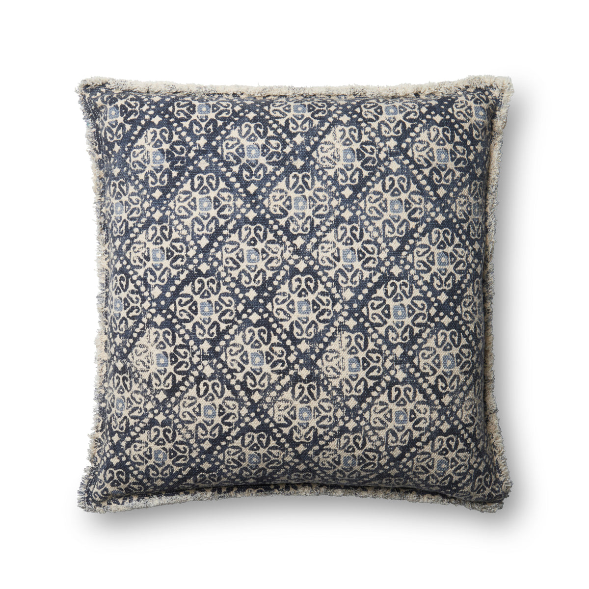 Decorative down-filled pillow with navy and cream patterned fabric and textured fringe