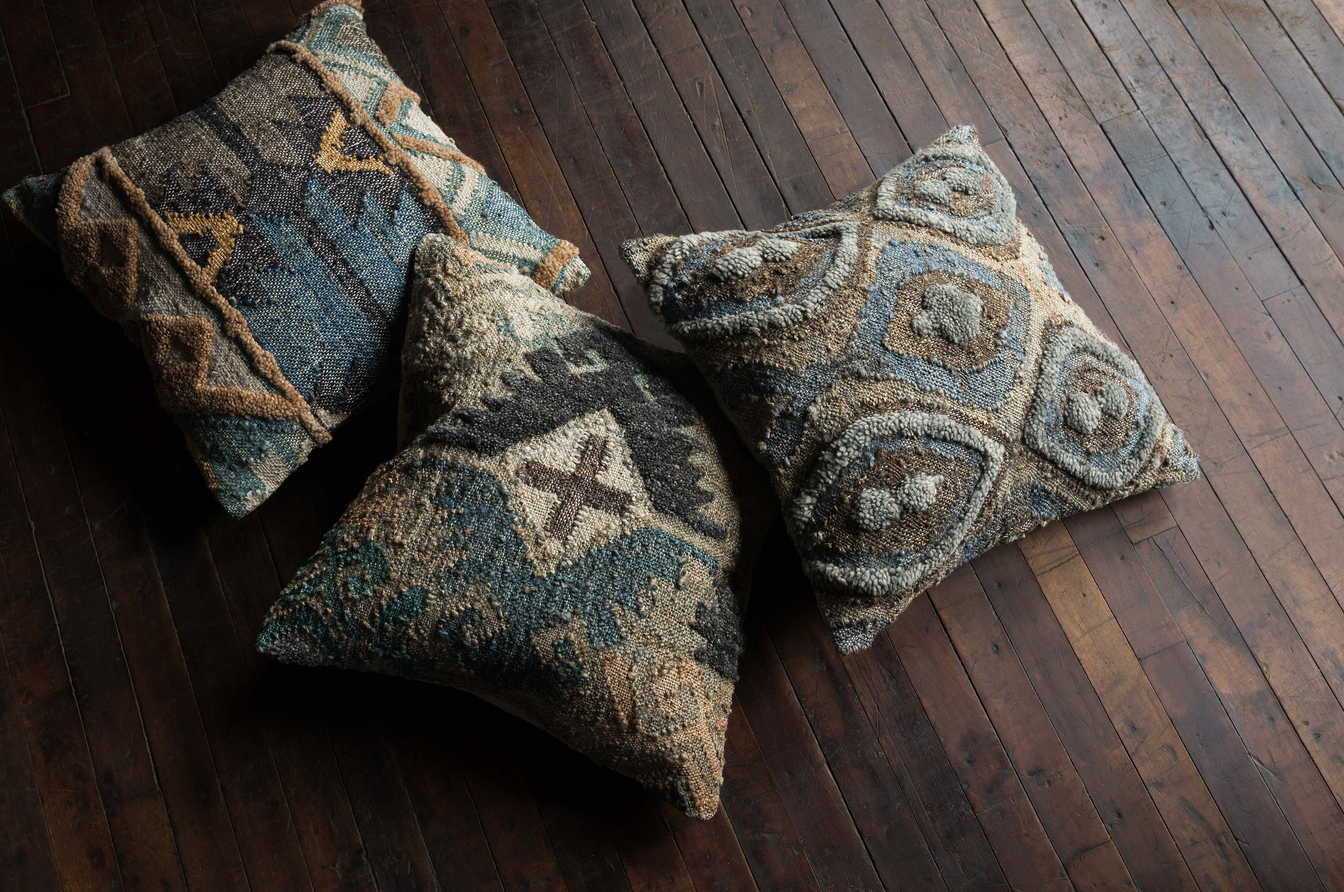 Set of two square decorative pillows with down fill, multi-color geometric pattern
