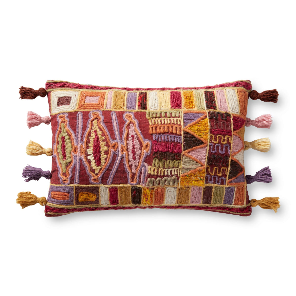 Rectangular embroidered throw pillow with multicolor pattern and tassel trim