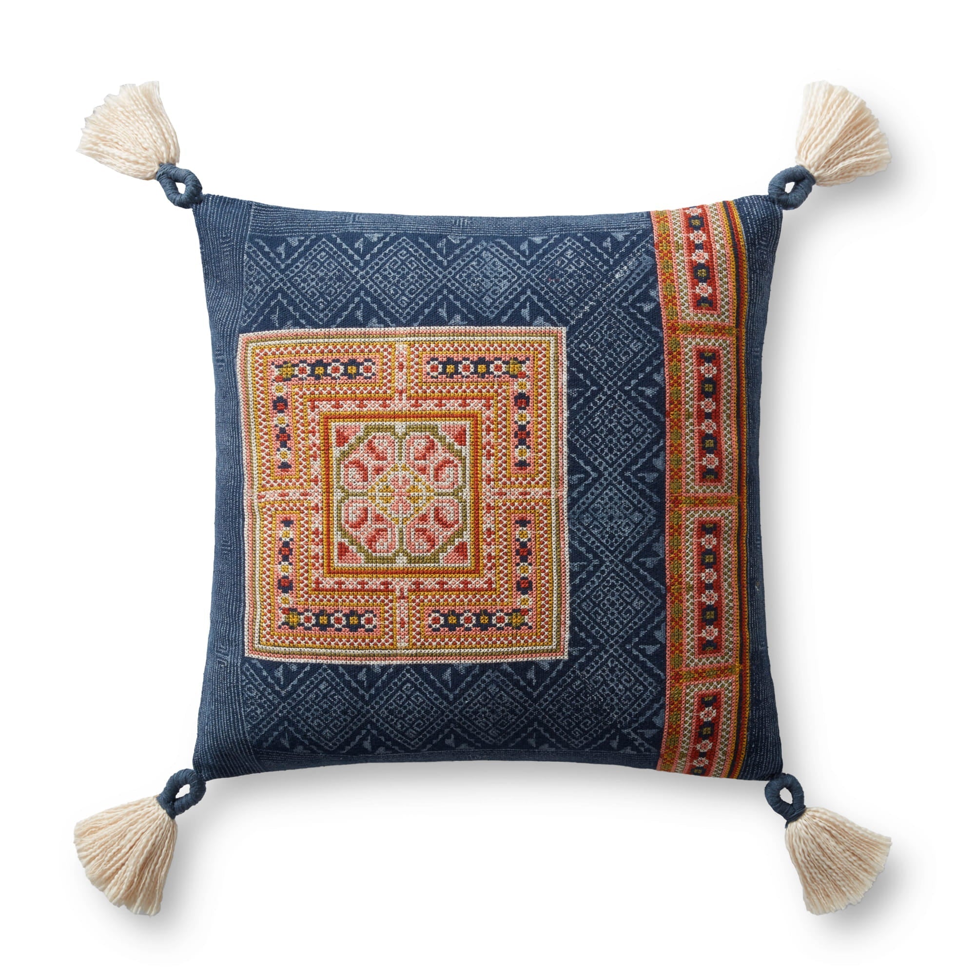 Navy square-motif throw pillow with orange border and cream tassels