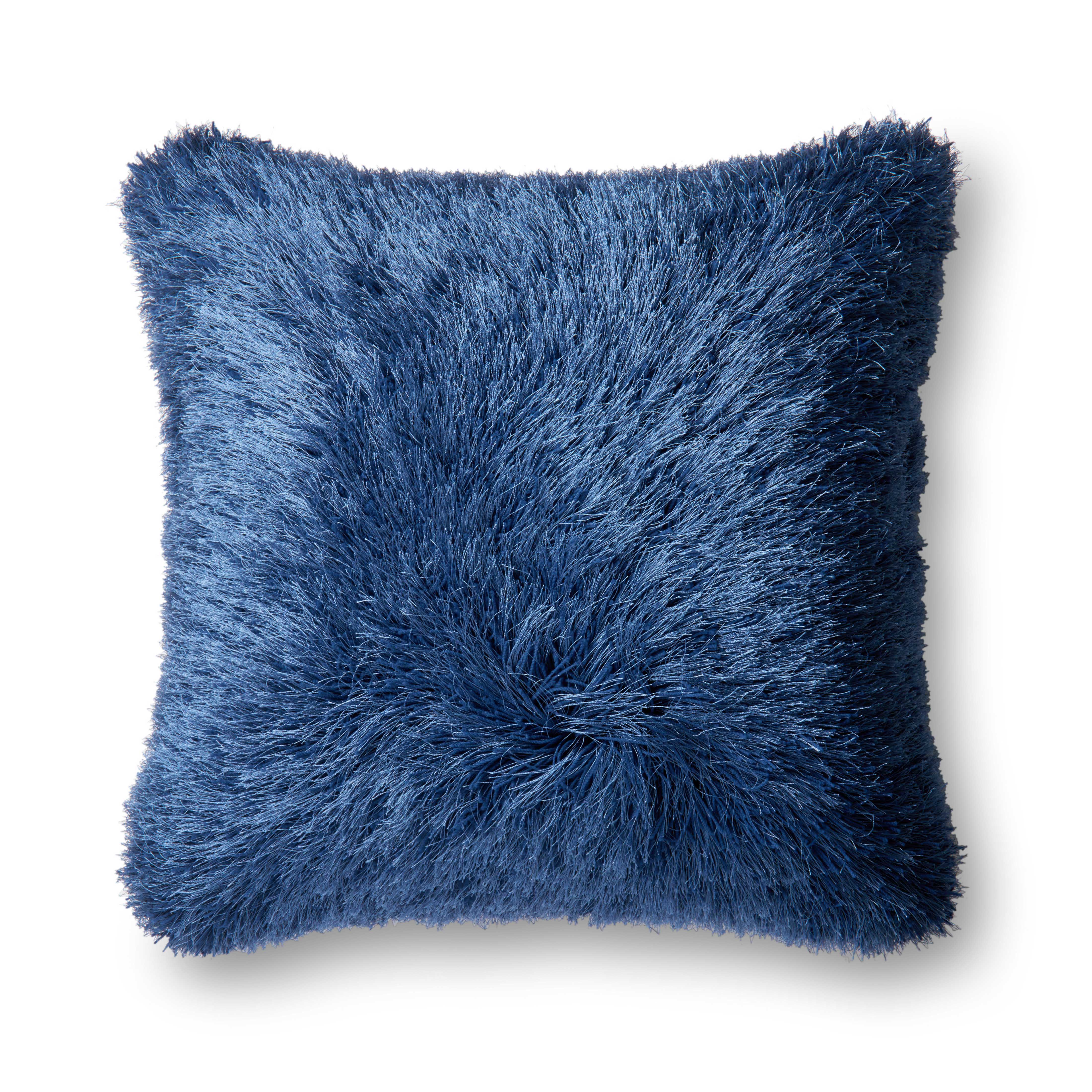 Navy shag square throw pillow with plush fringed texture