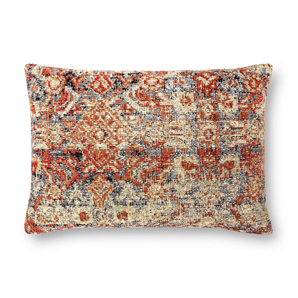 Multicolor throw pillow cover with red, cream, and dark speckled abstract pattern