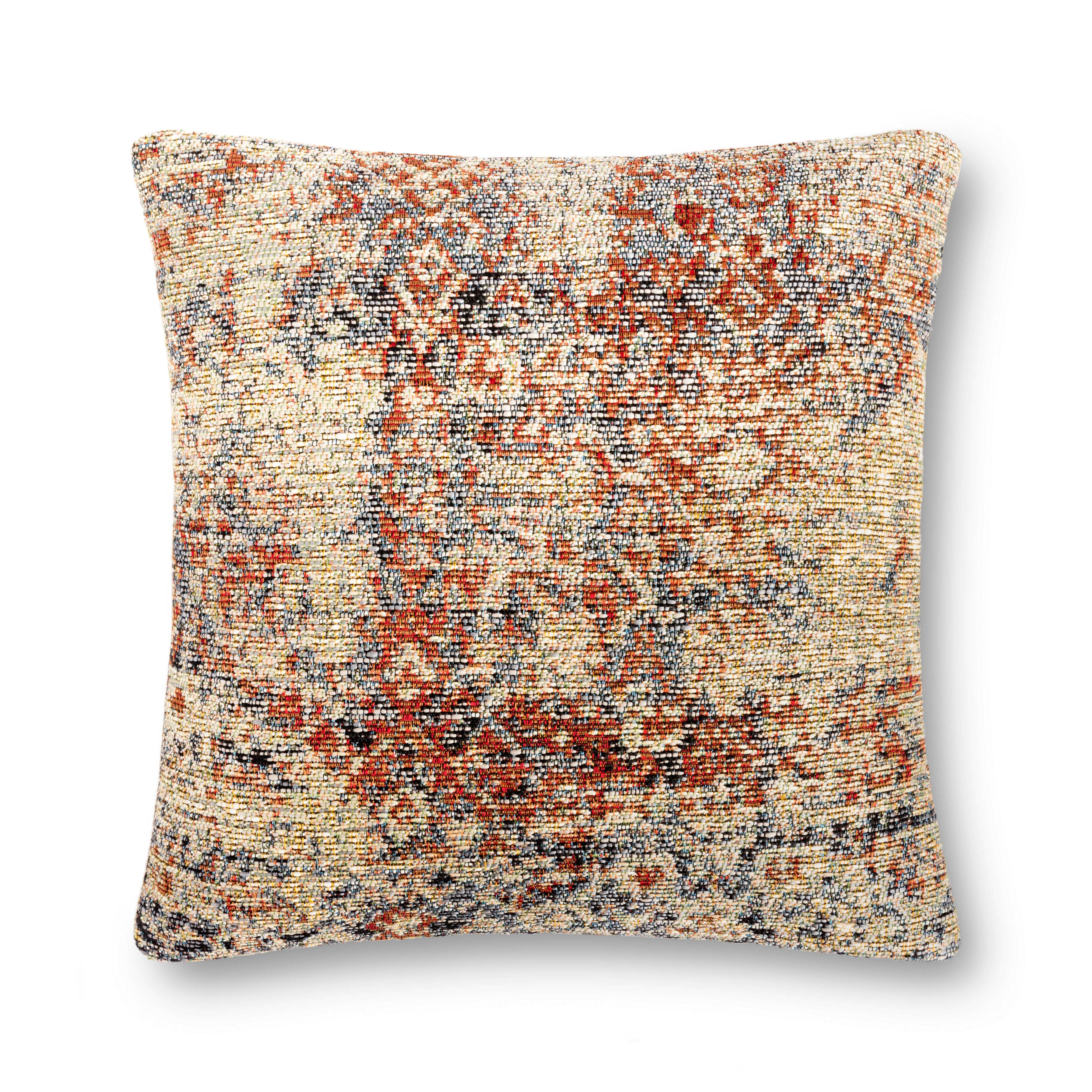 Multicolor woven throw pillow cover with red and cream abstract pattern, square