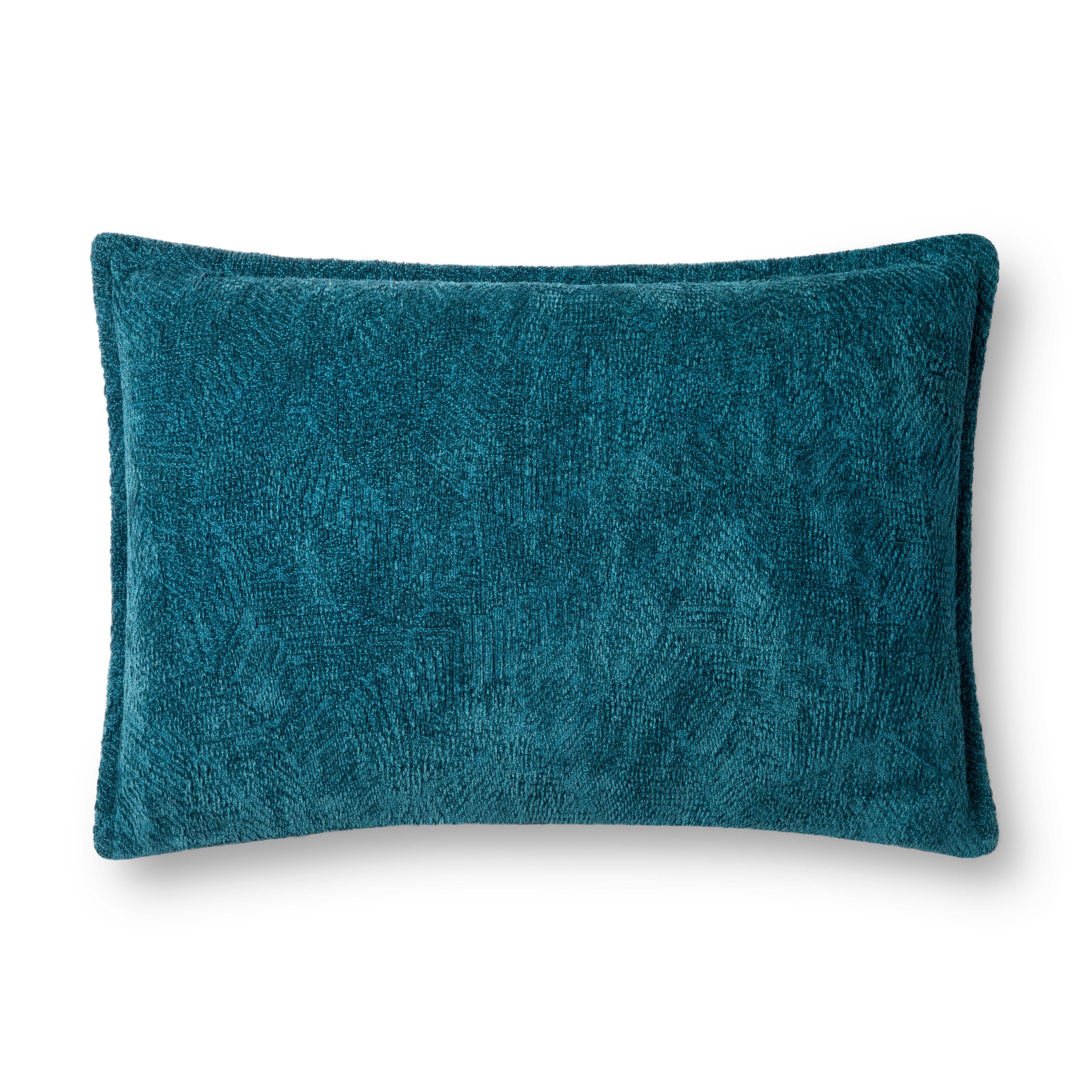 Teal down-filled rectangular decorative pillow with textured fabric front view