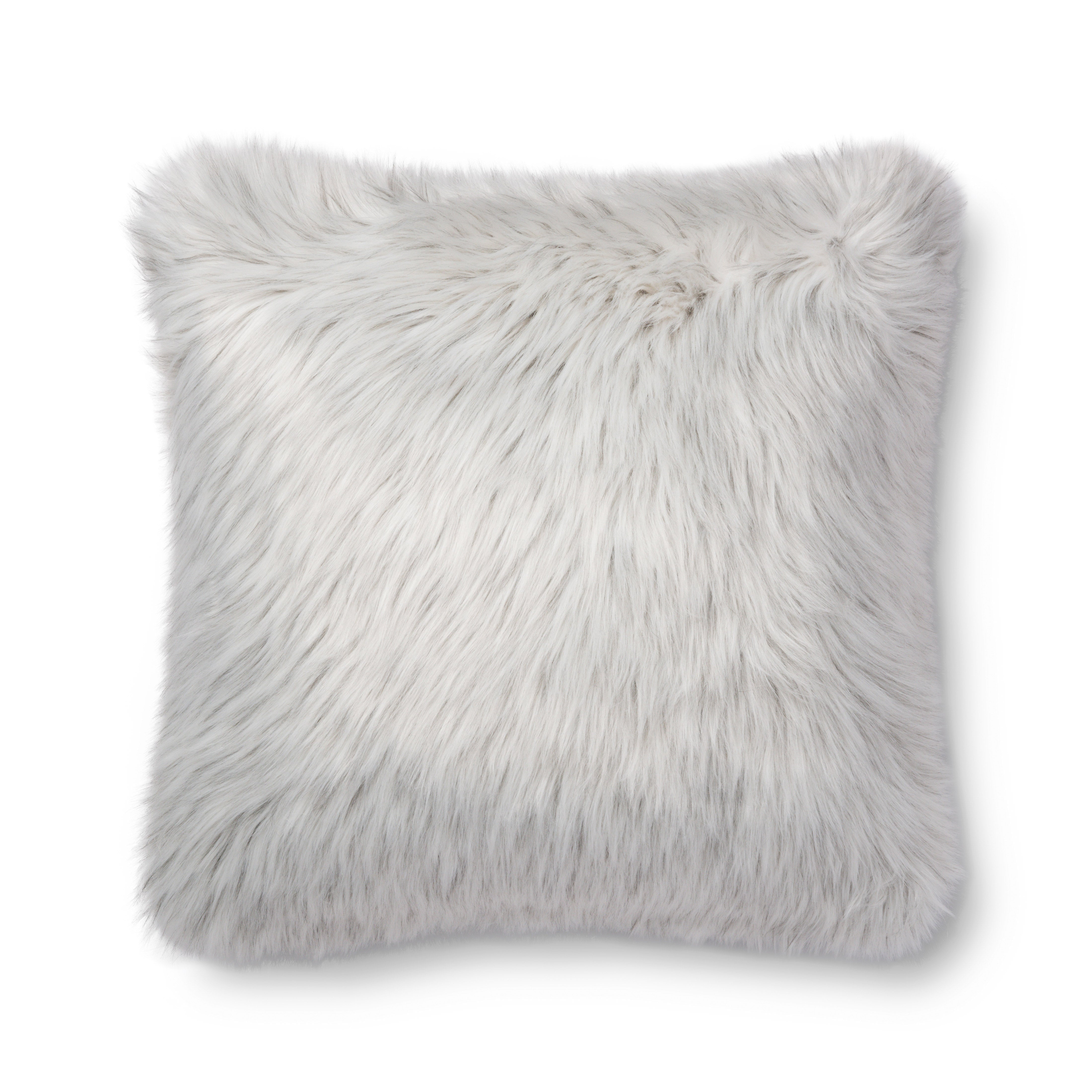 White and grey shaggy faux fur square decorative pillow