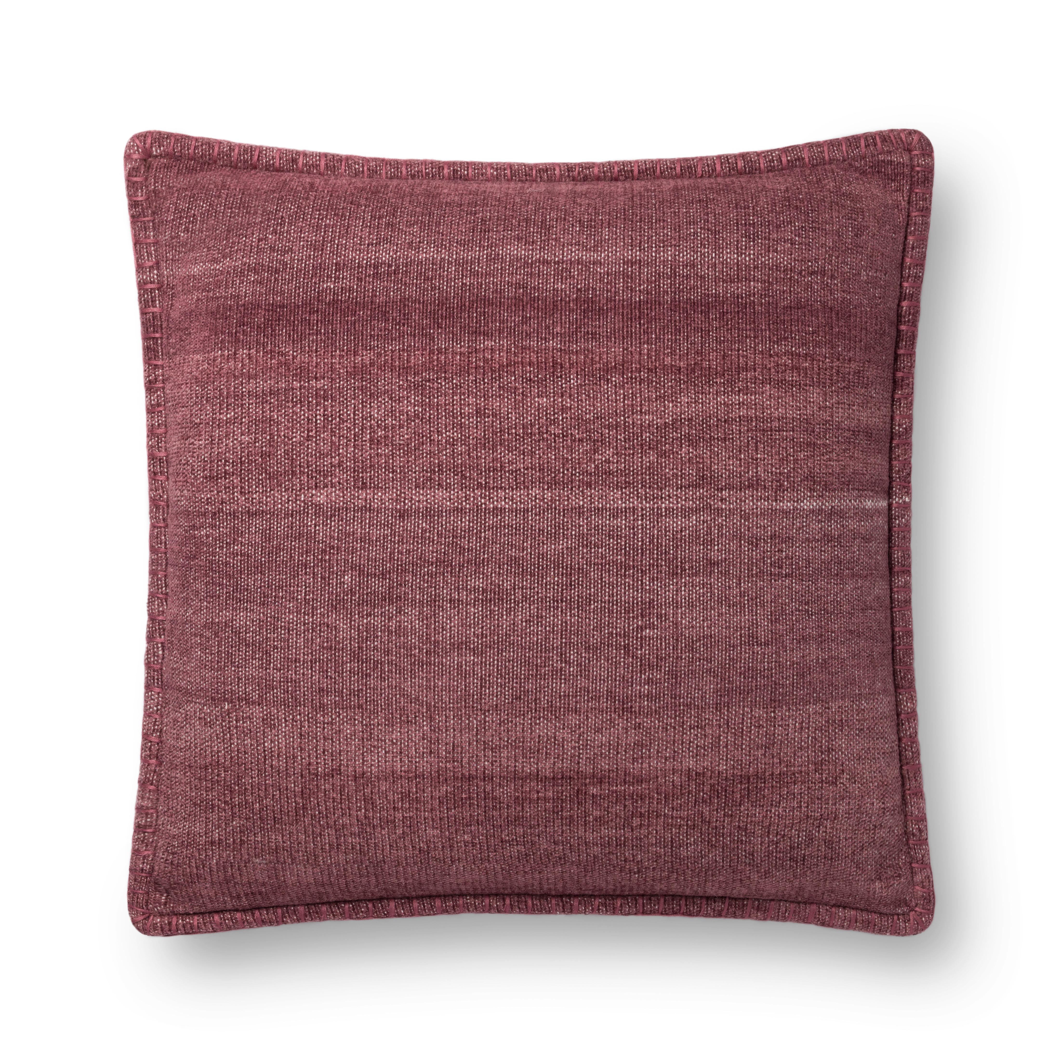 Square down-fill throw pillow in wine red textured fabric with piped edges