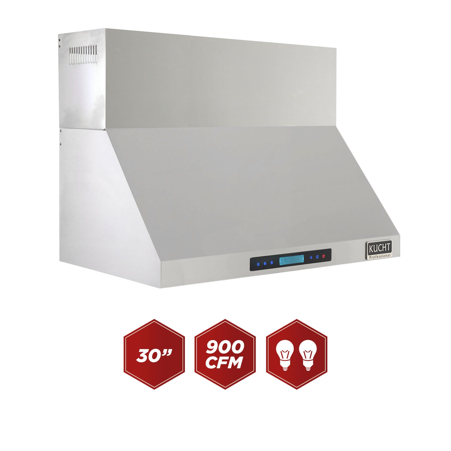Stainless steel wall mounted range hood with angled chimney and front LED control panel