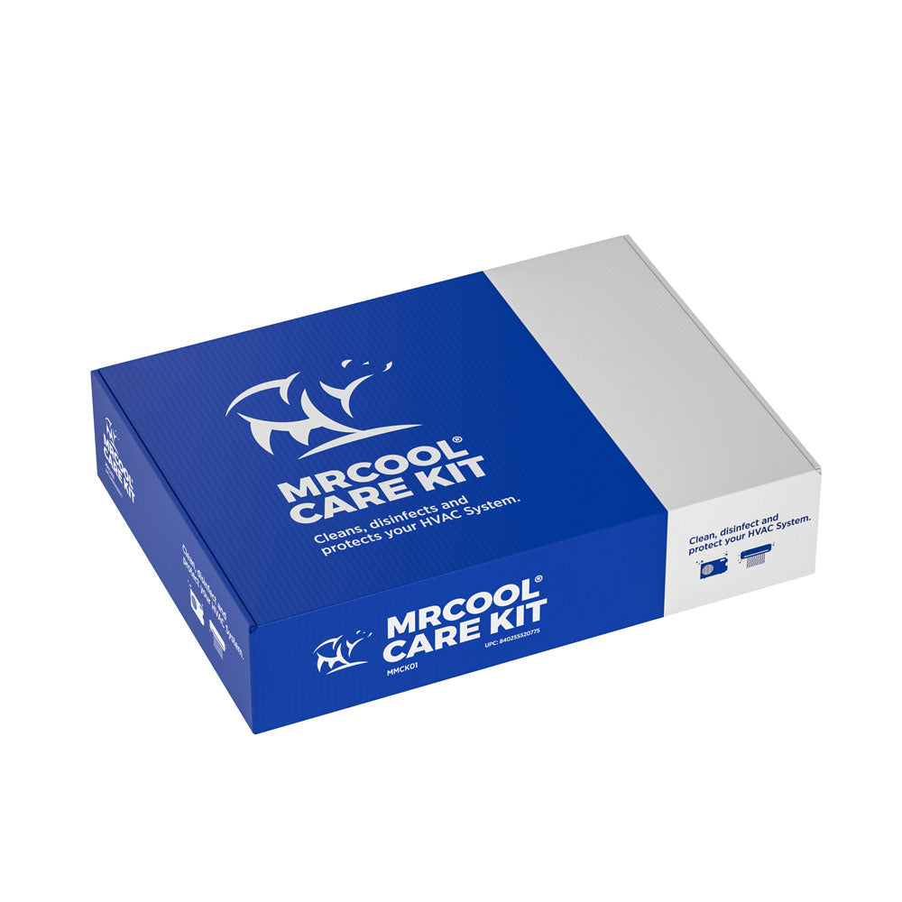 MRCOOL® mini split cleaning care kit box, blue top and white sides, angled view