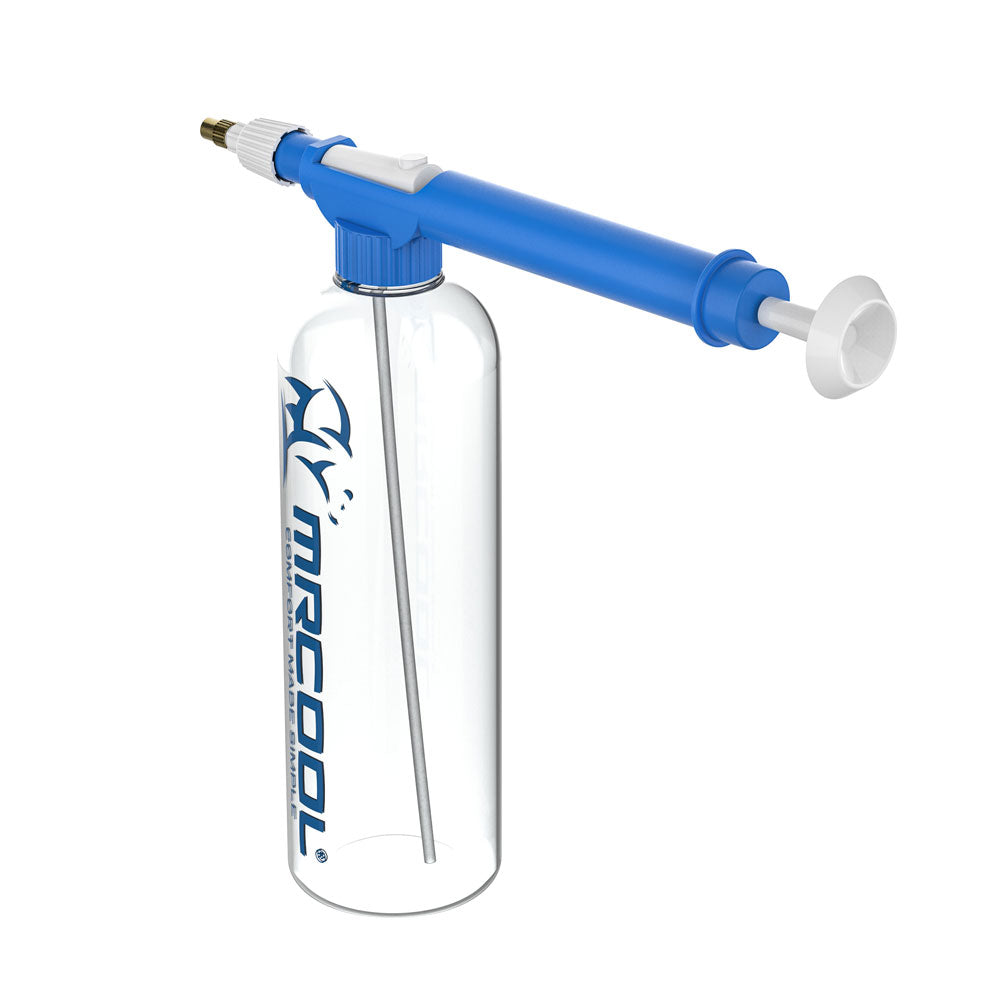 Blue-and-white spray tool with bottle for mini split cleaning care kit