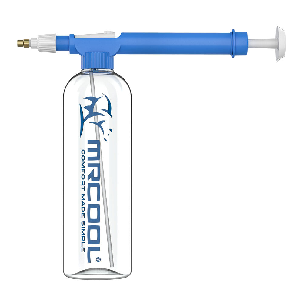 Blue pump sprayer with white nozzle and translucent bottle labeled MRCOOL