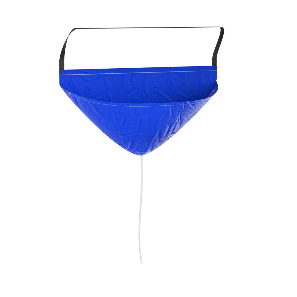 Blue funnel-shaped shroud with white drain tube for mini split cleaning